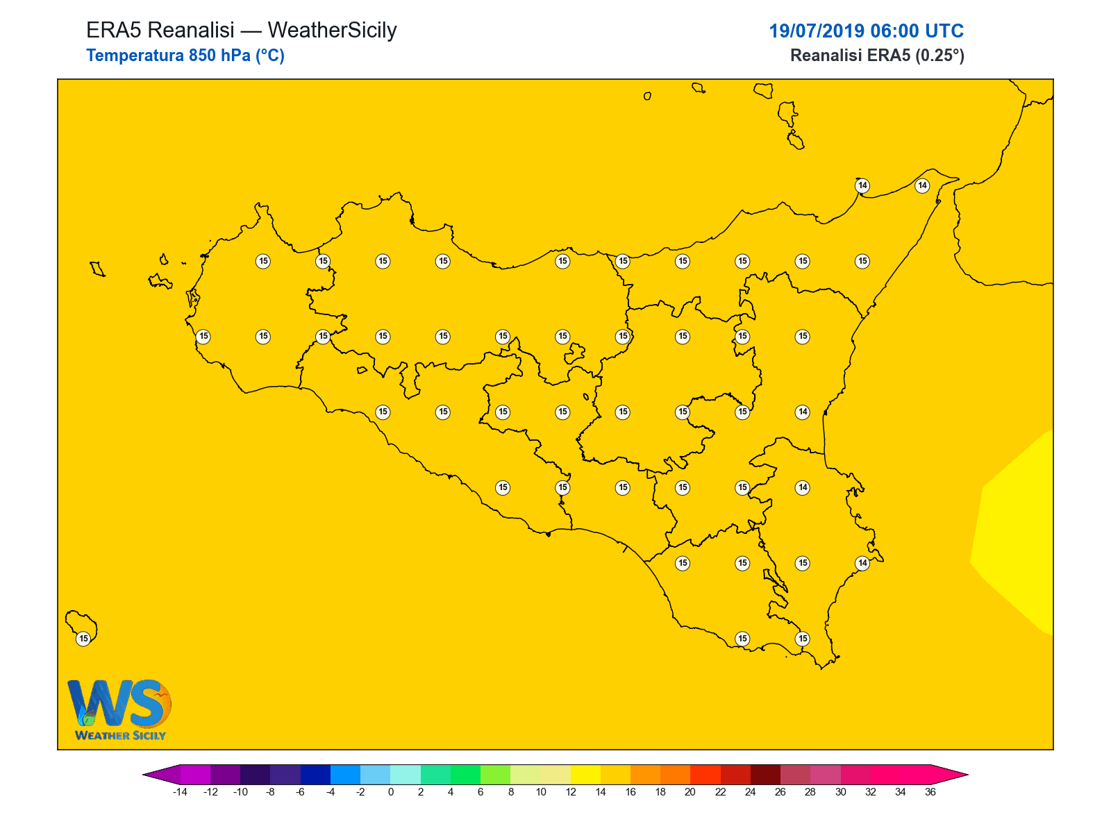 Temperatura a 850 hPa · 2019071906