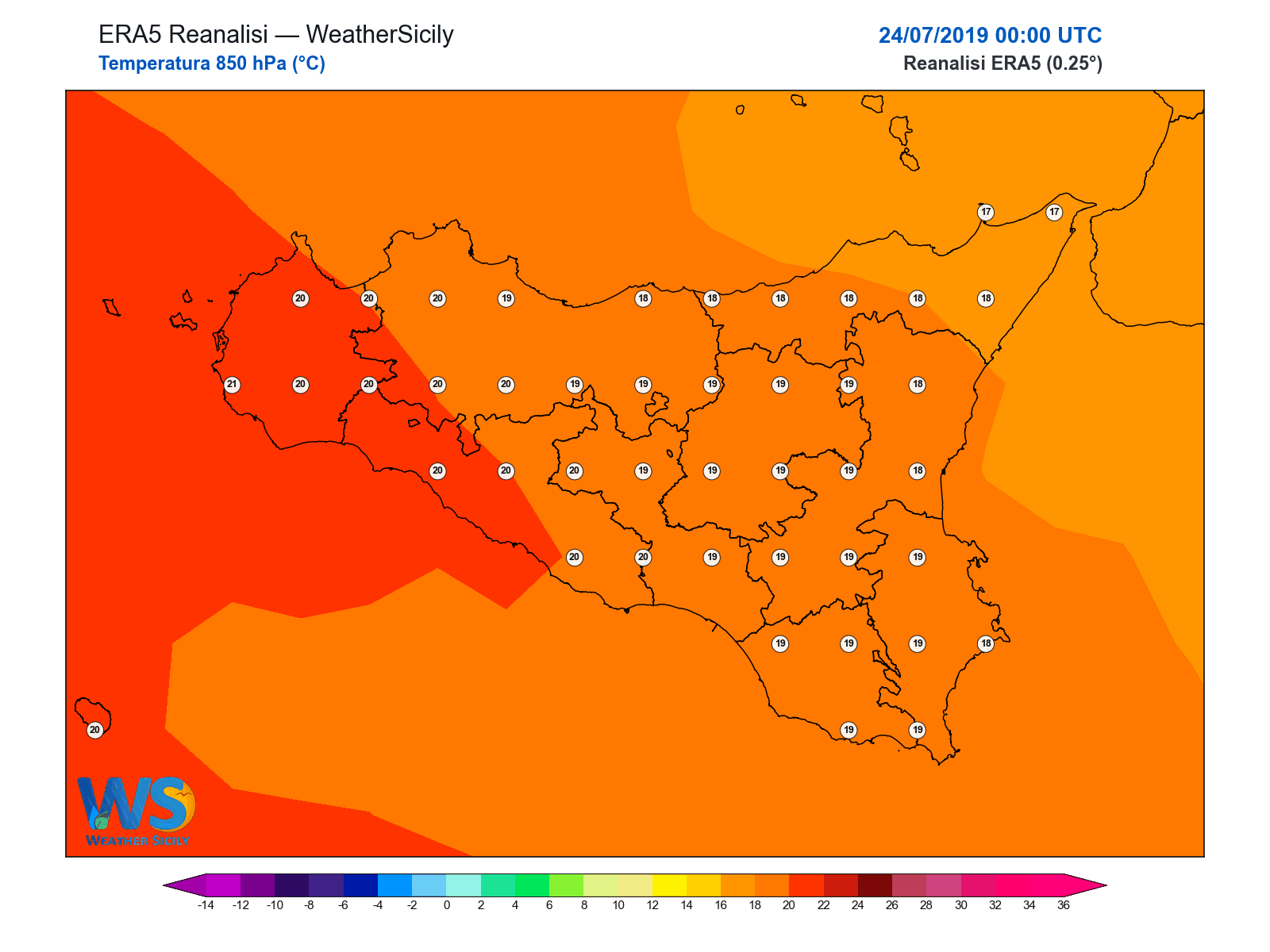 Temperatura a 850 hPa · 2019072400