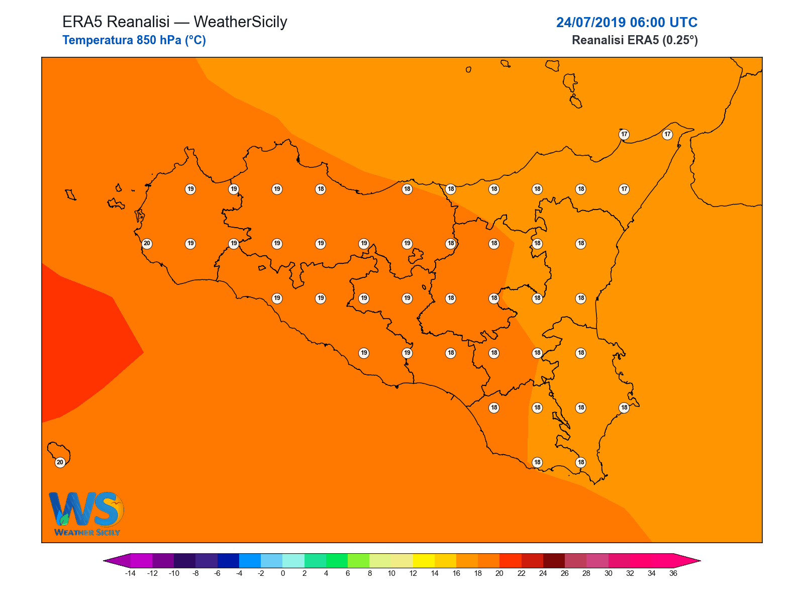 Temperatura a 850 hPa · 2019072406
