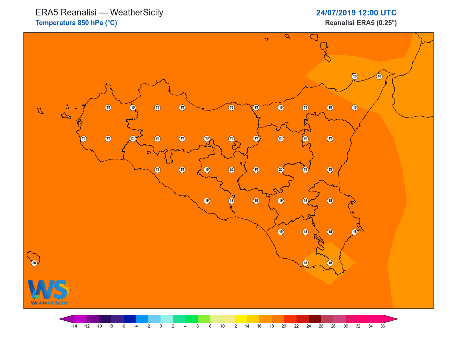 Temperatura a 850 hPa · 2019072412