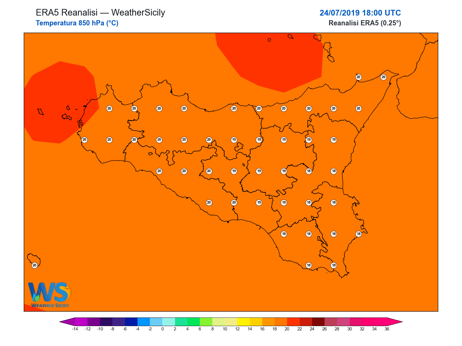 Temperatura a 850 hPa · 2019072418