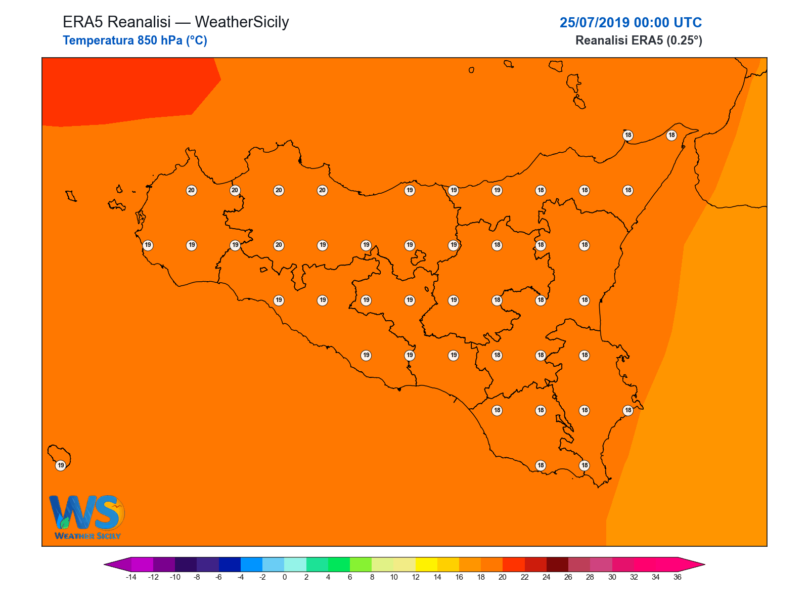 Temperatura a 850 hPa · 2019072500