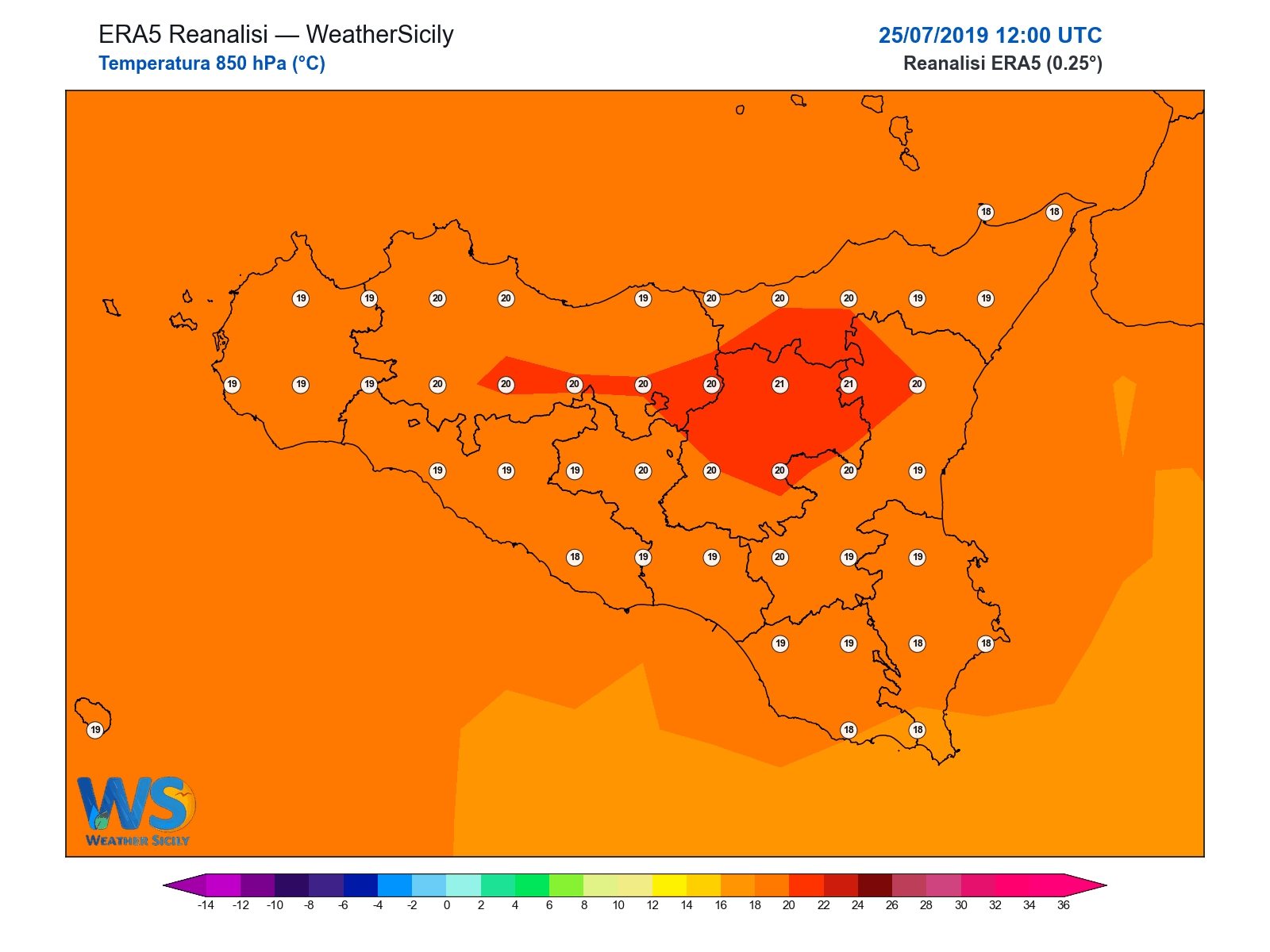Temperatura a 850 hPa · 2019072512