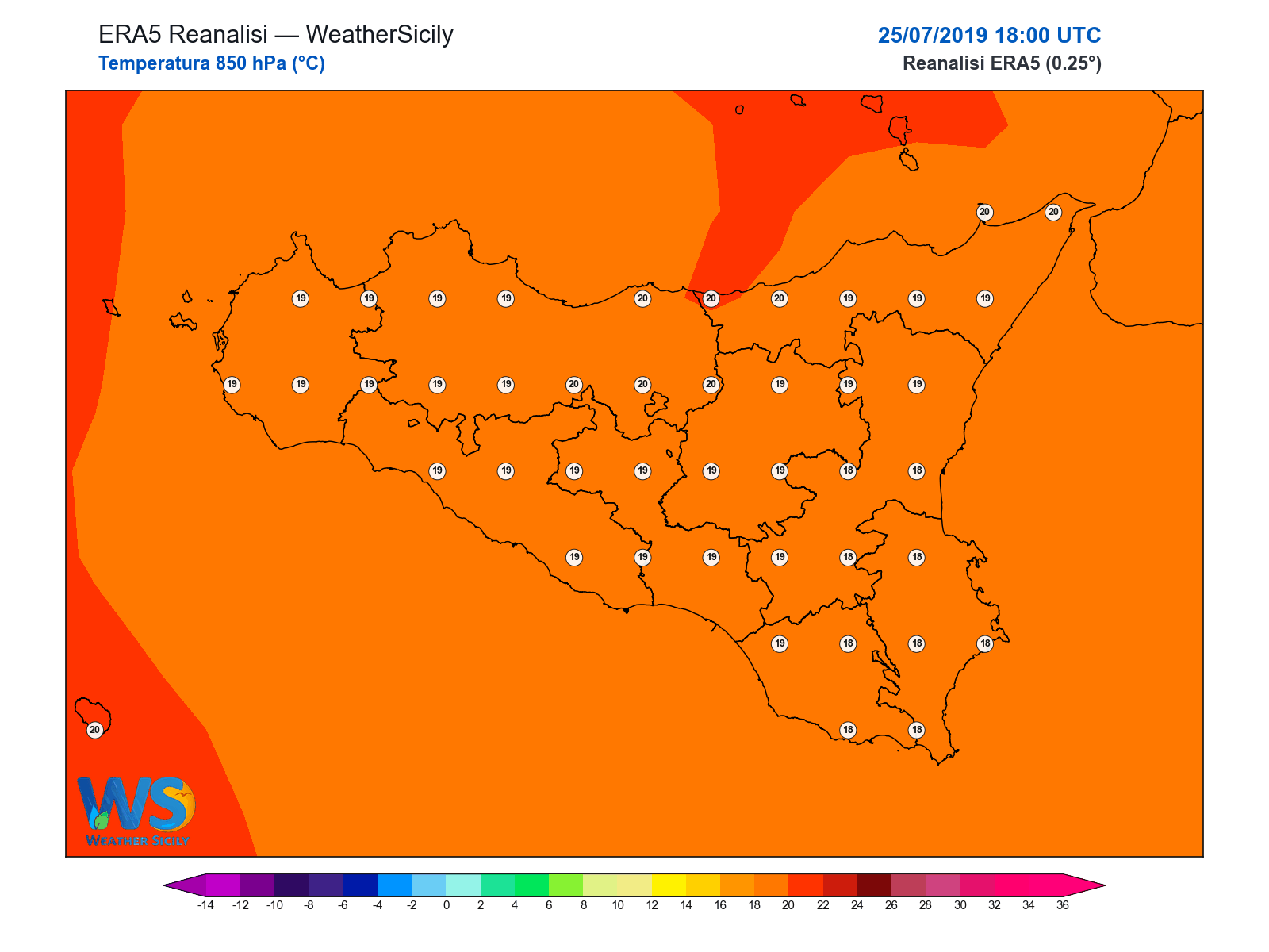 Temperatura a 850 hPa · 2019072518