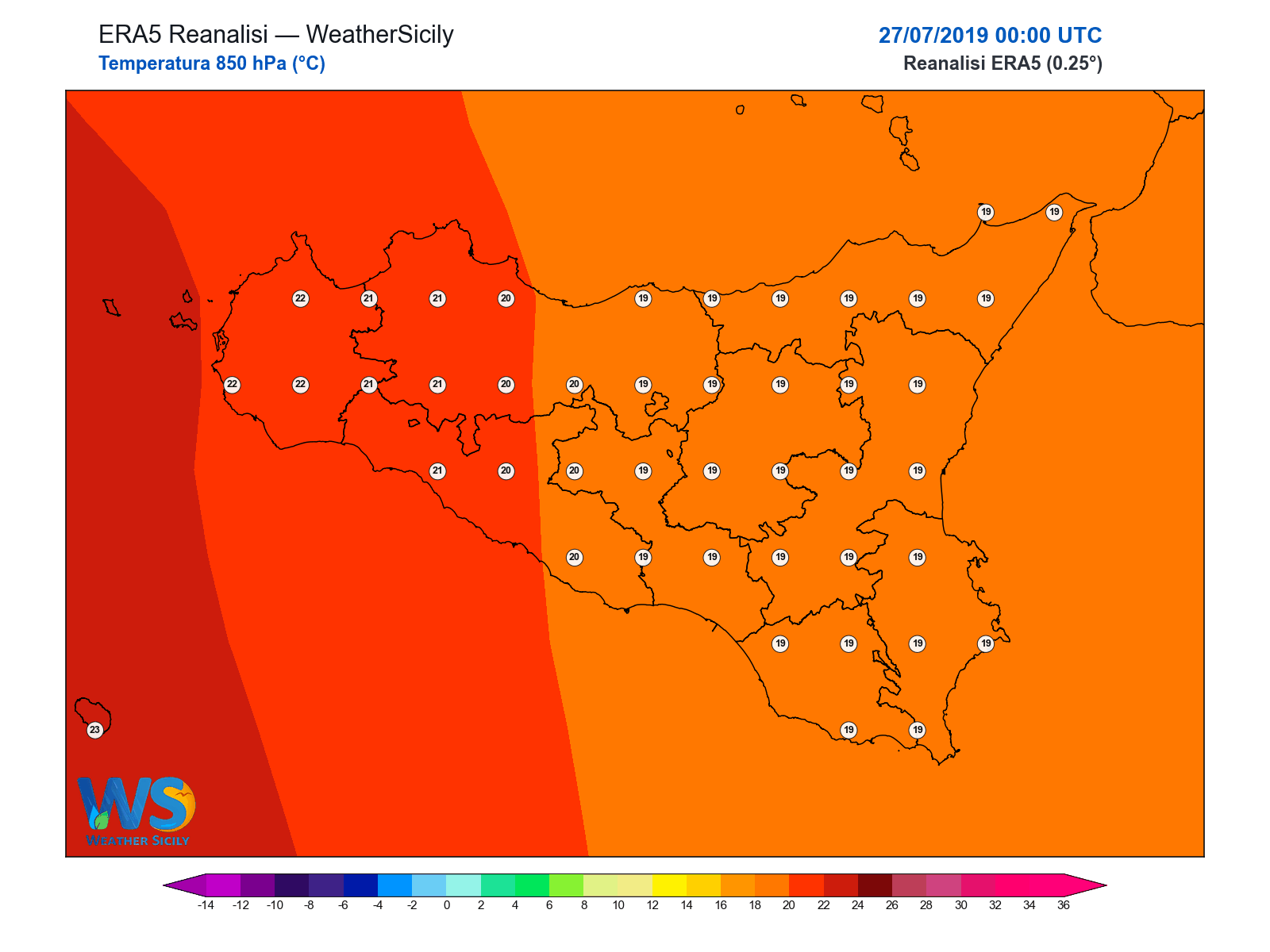 Temperatura a 850 hPa · 2019072700