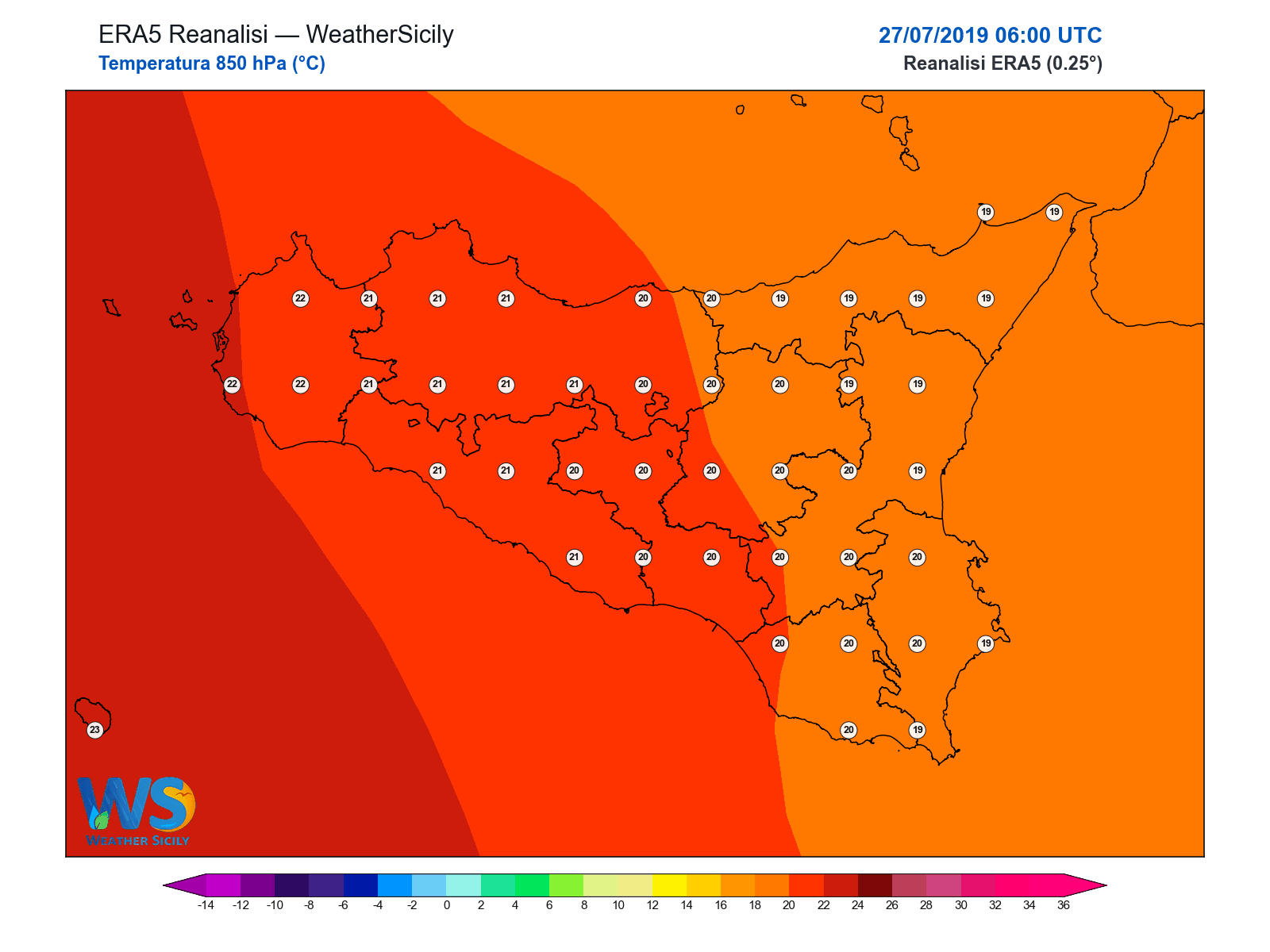 Temperatura a 850 hPa · 2019072706