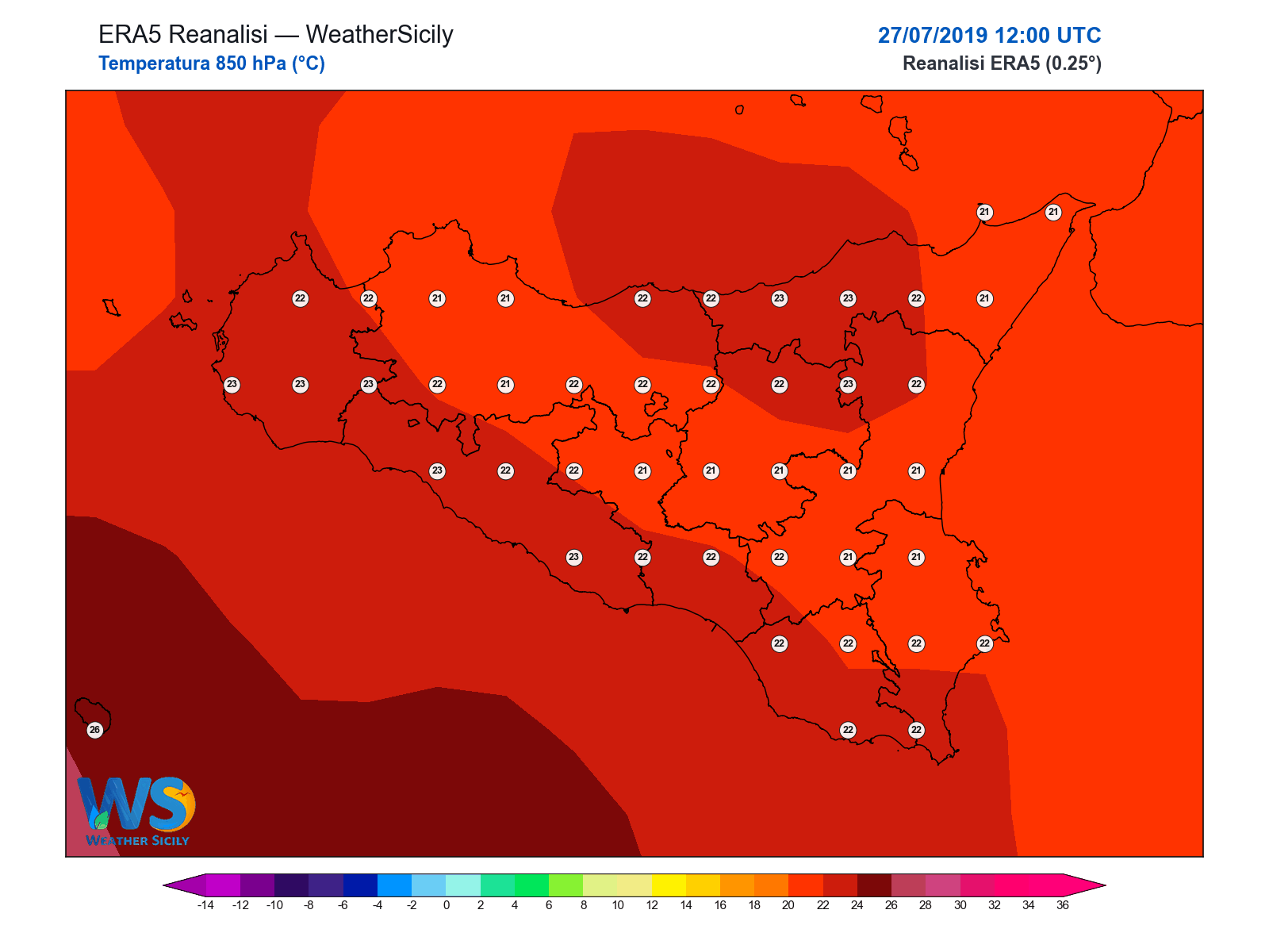 Temperatura a 850 hPa · 2019072712