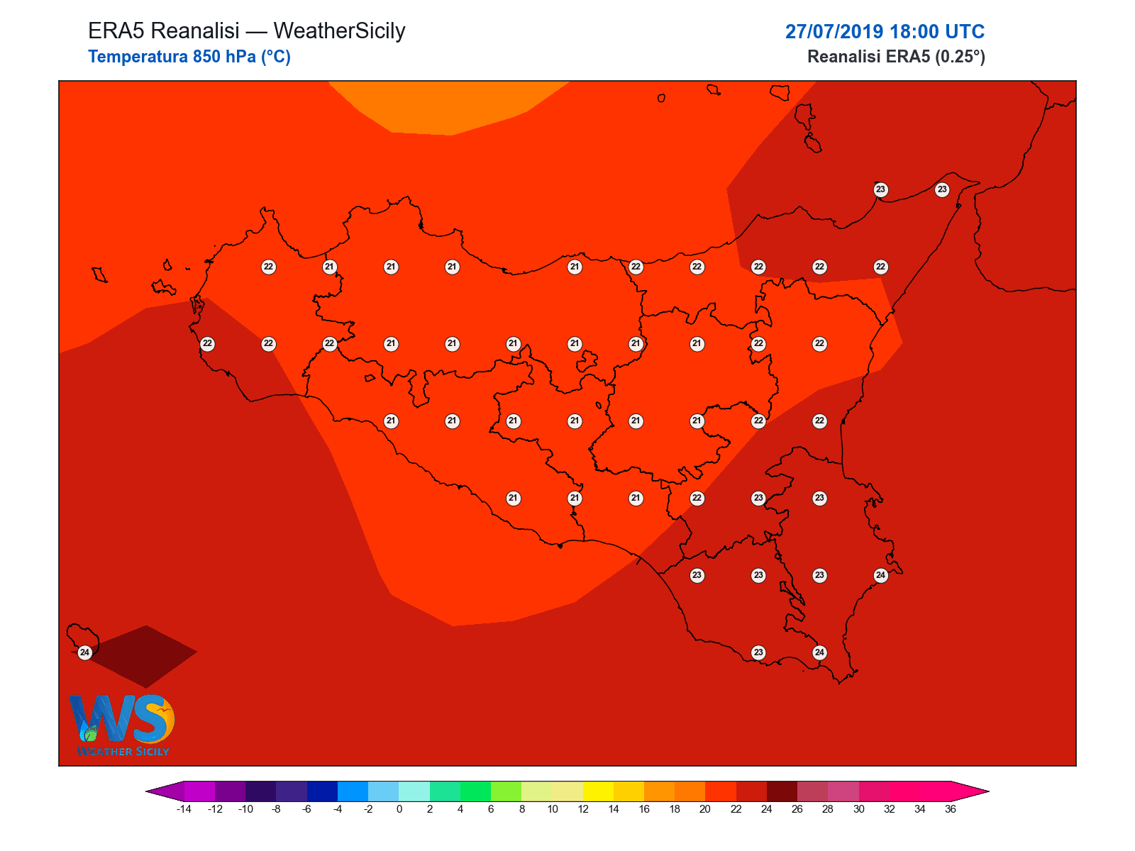 Temperatura a 850 hPa · 2019072718