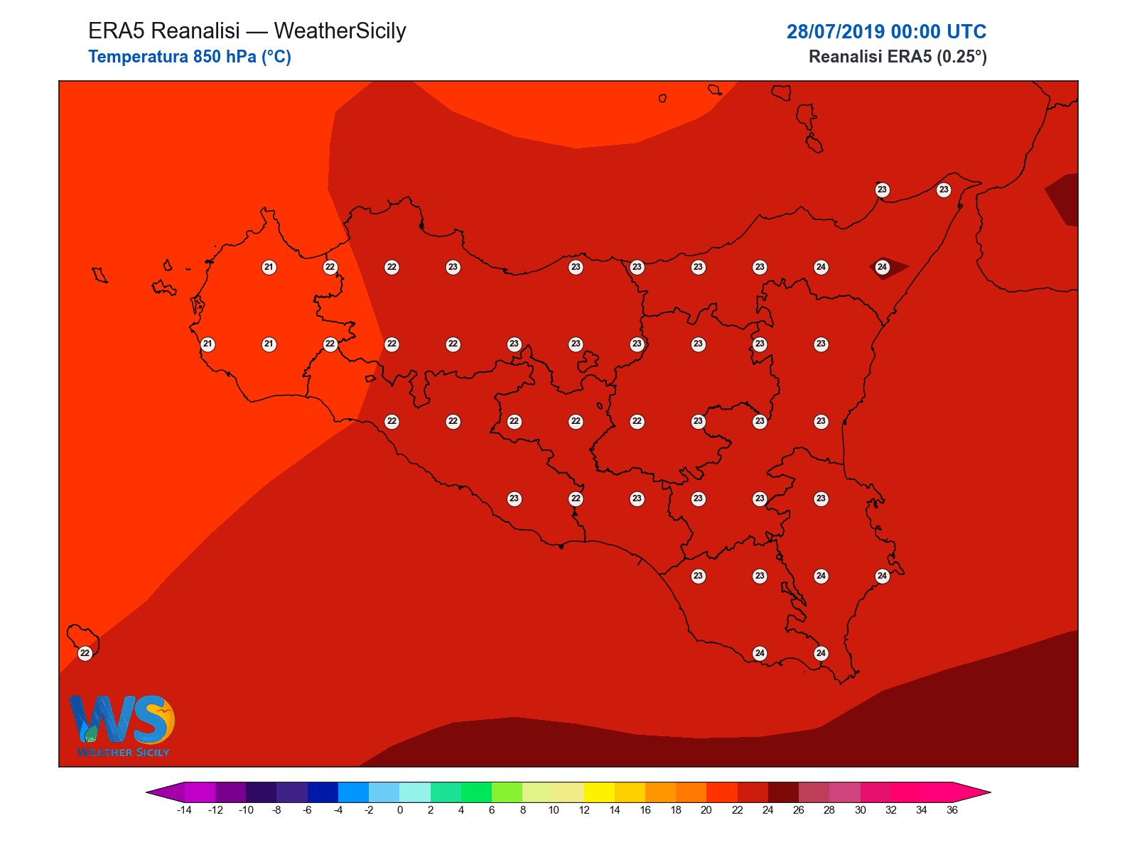 Temperatura a 850 hPa · 2019072800