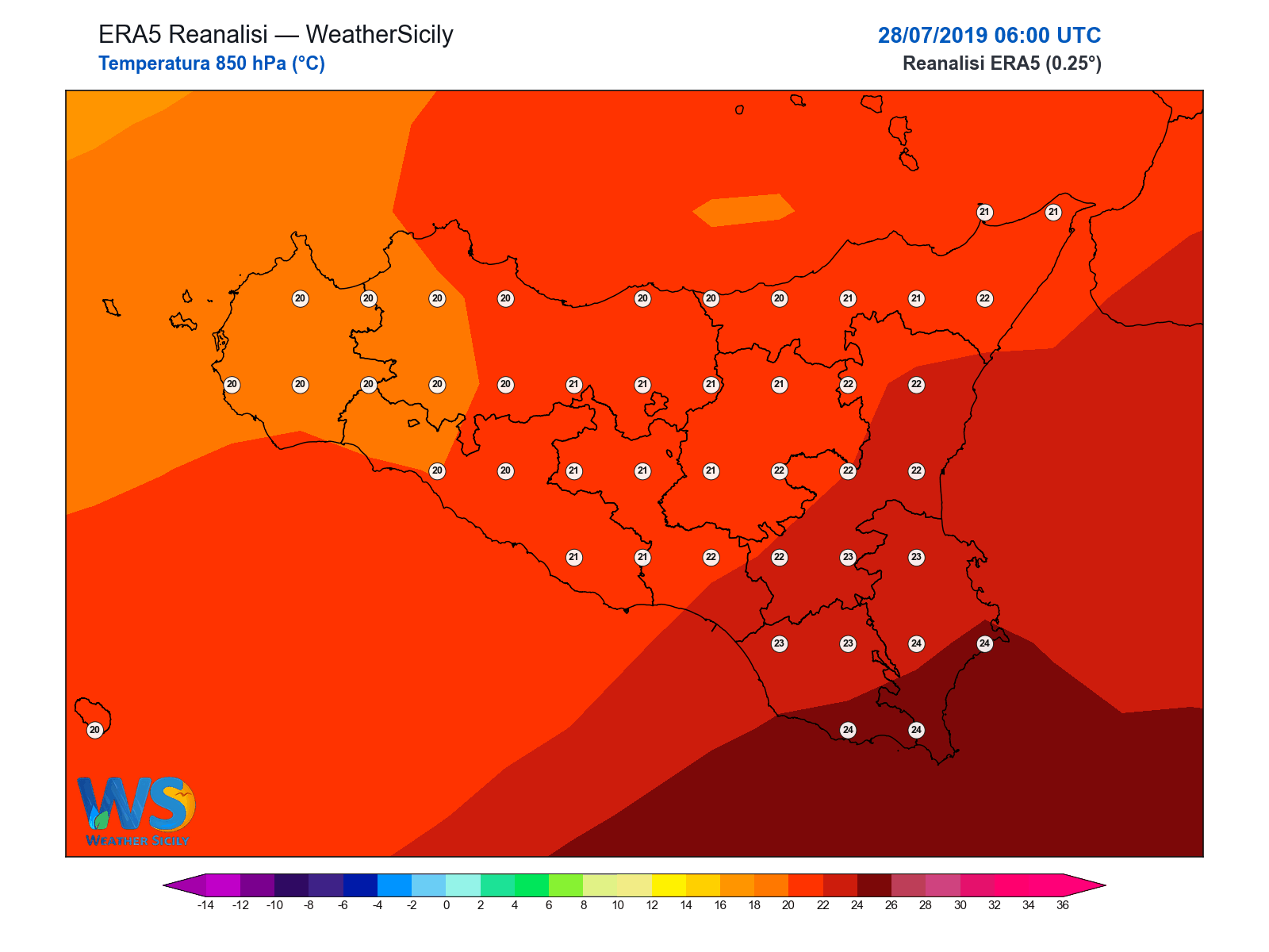Temperatura a 850 hPa · 2019072806