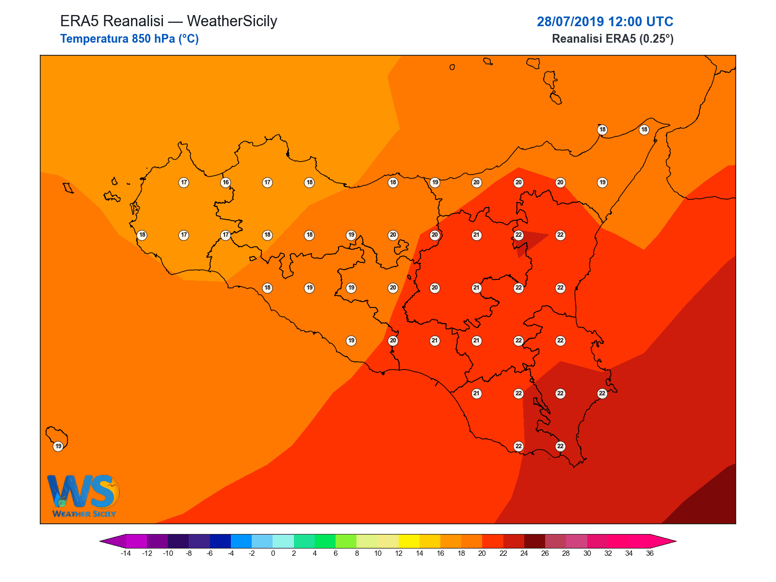 Temperatura a 850 hPa · 2019072812