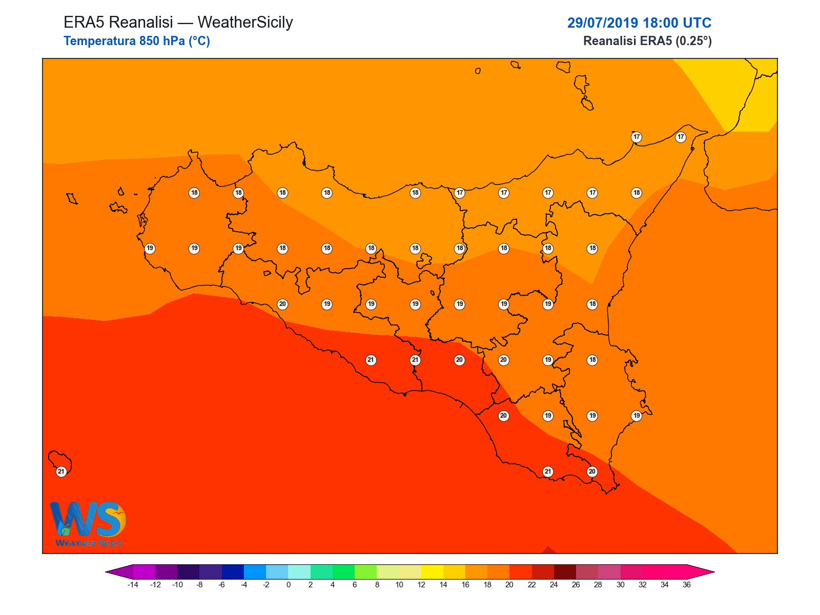 Temperatura a 850 hPa · 2019072918