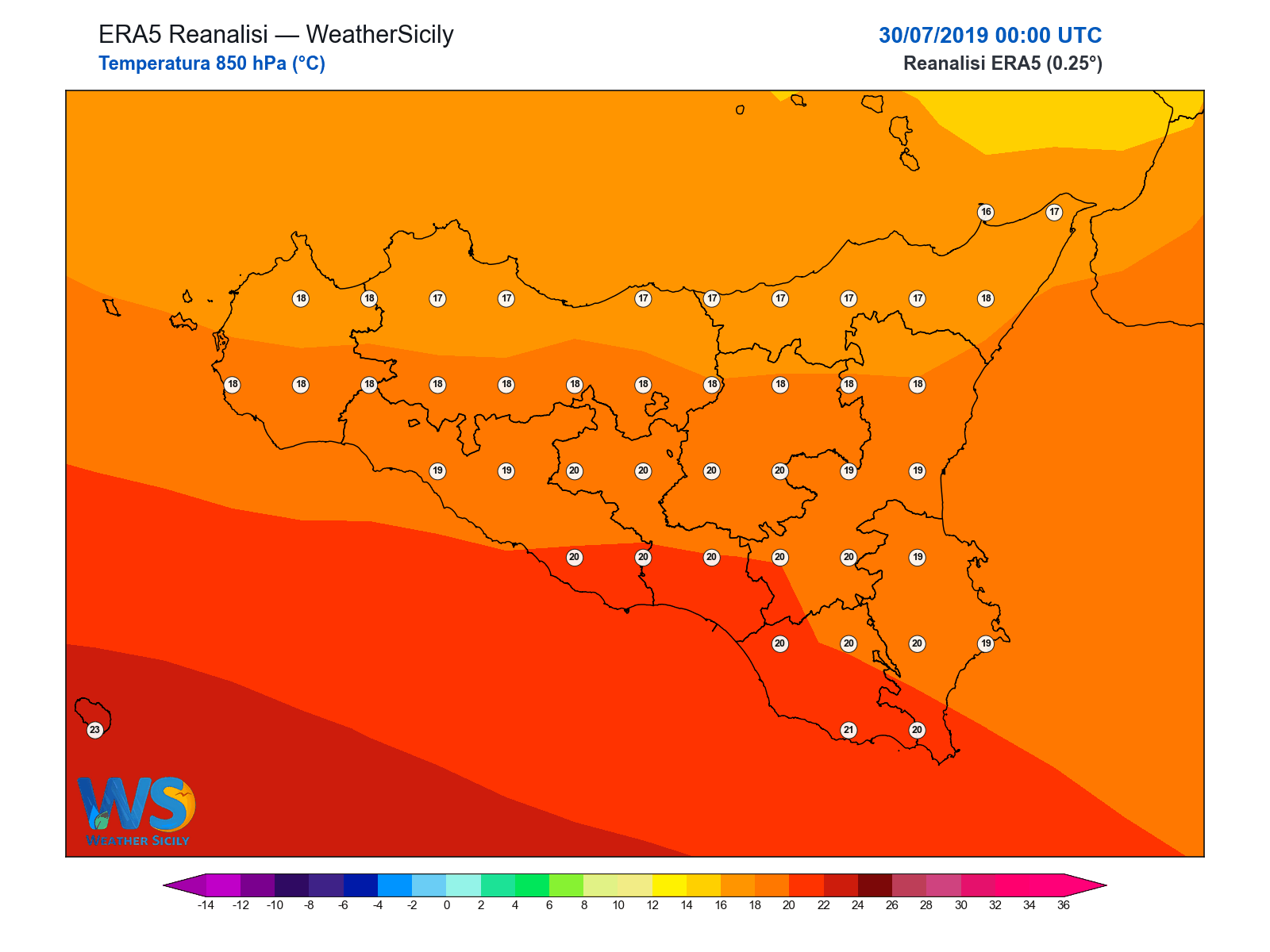 Temperatura a 850 hPa · 2019073000