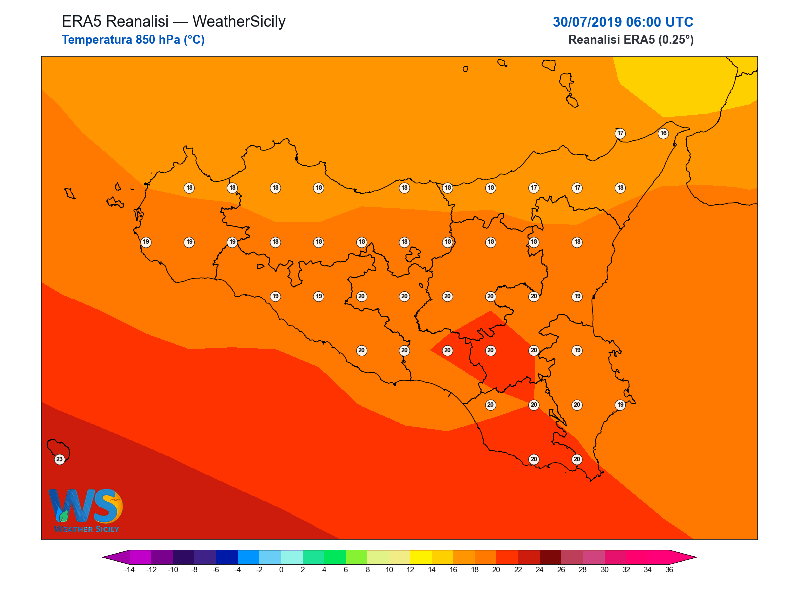 Temperatura a 850 hPa · 2019073006