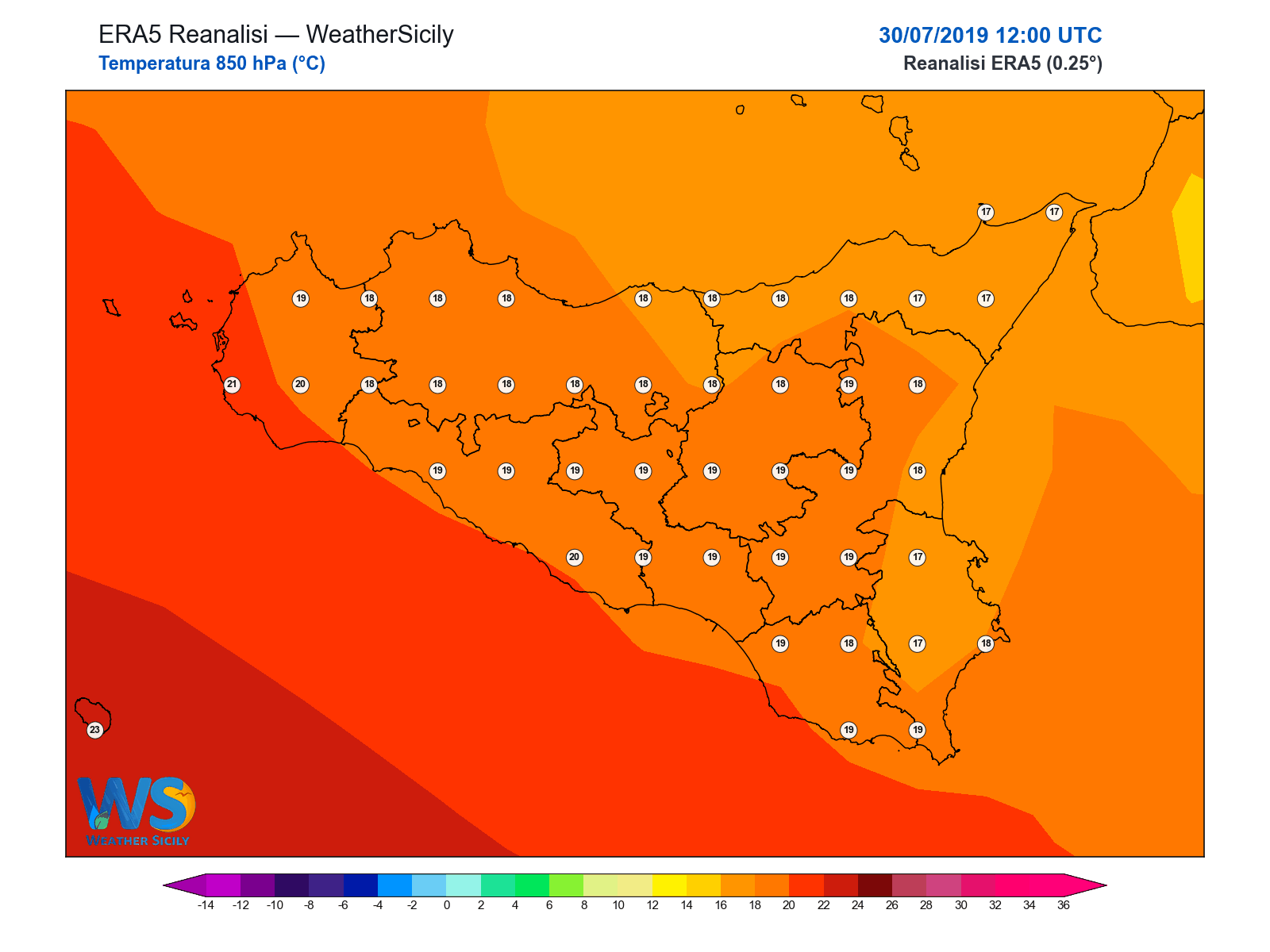 Temperatura a 850 hPa · 2019073012