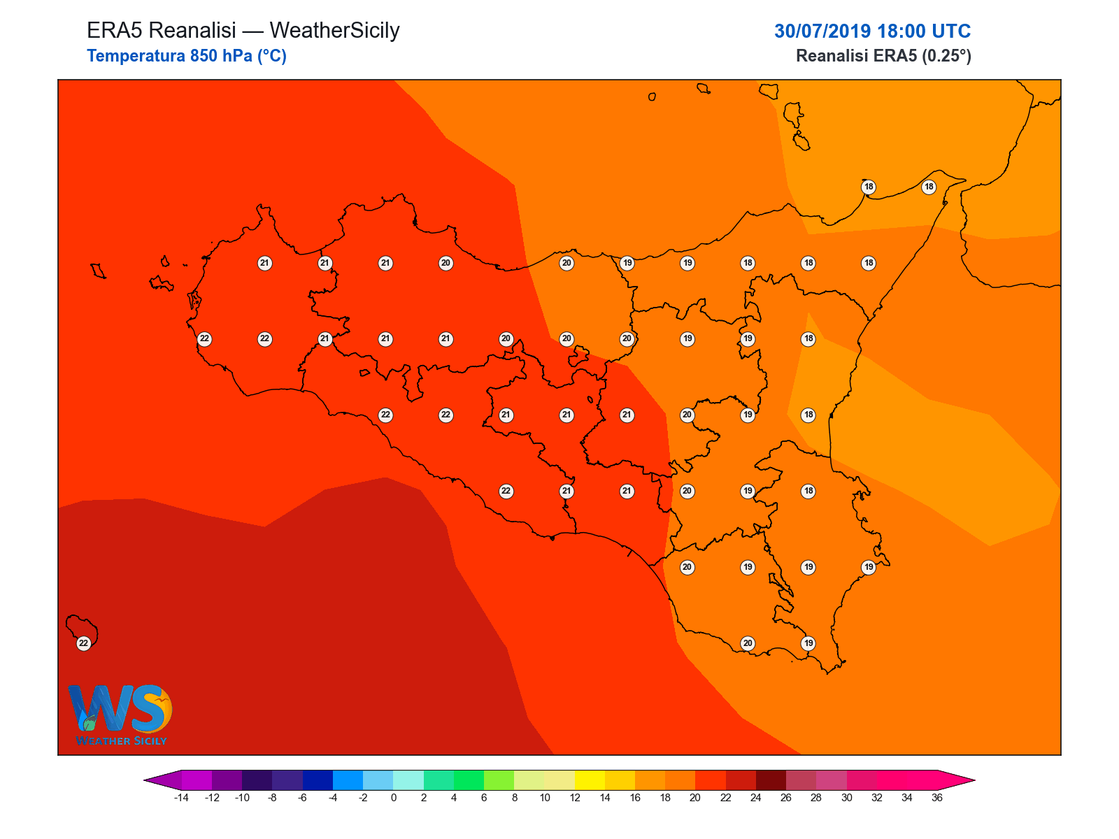 Temperatura a 850 hPa · 2019073018