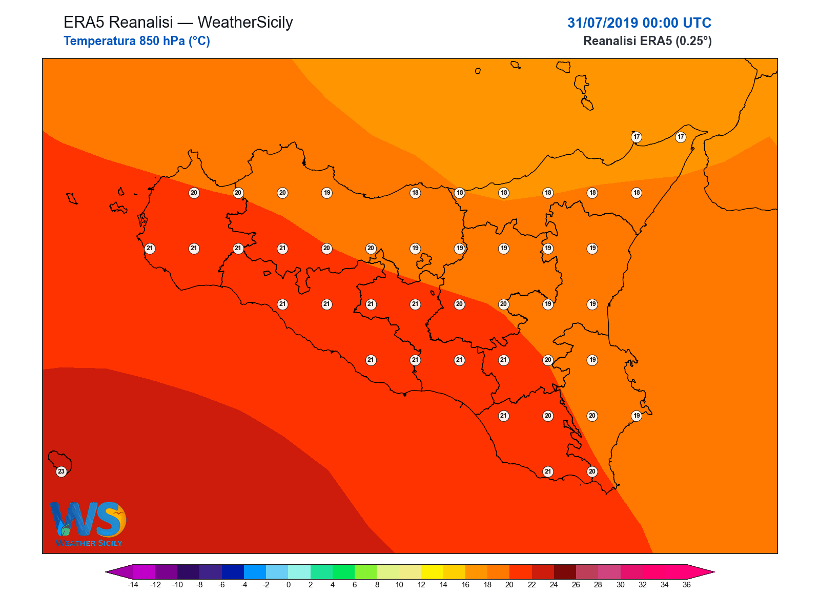 Temperatura a 850 hPa · 2019073100