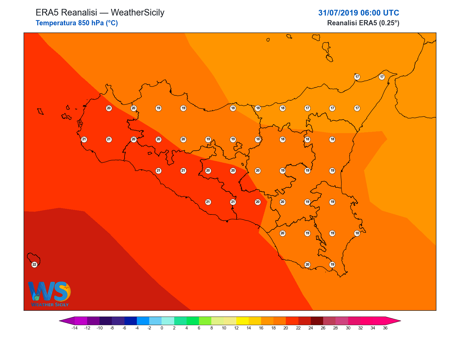 Temperatura a 850 hPa · 2019073106