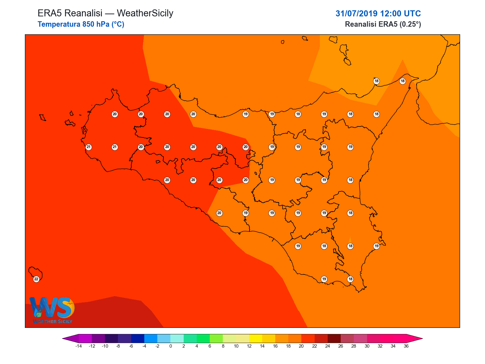Temperatura a 850 hPa · 2019073112