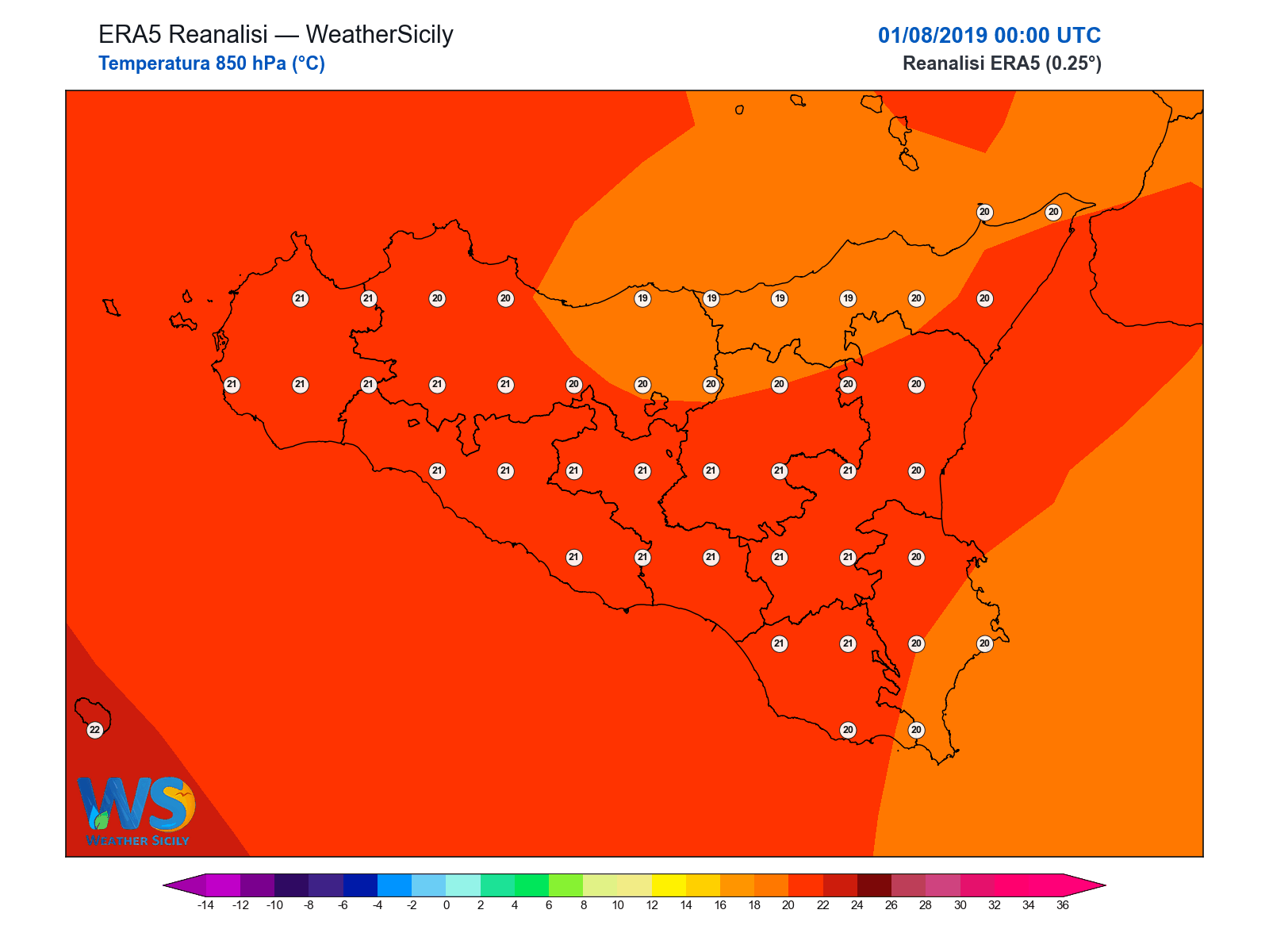 Temperatura a 850 hPa · 2019080100