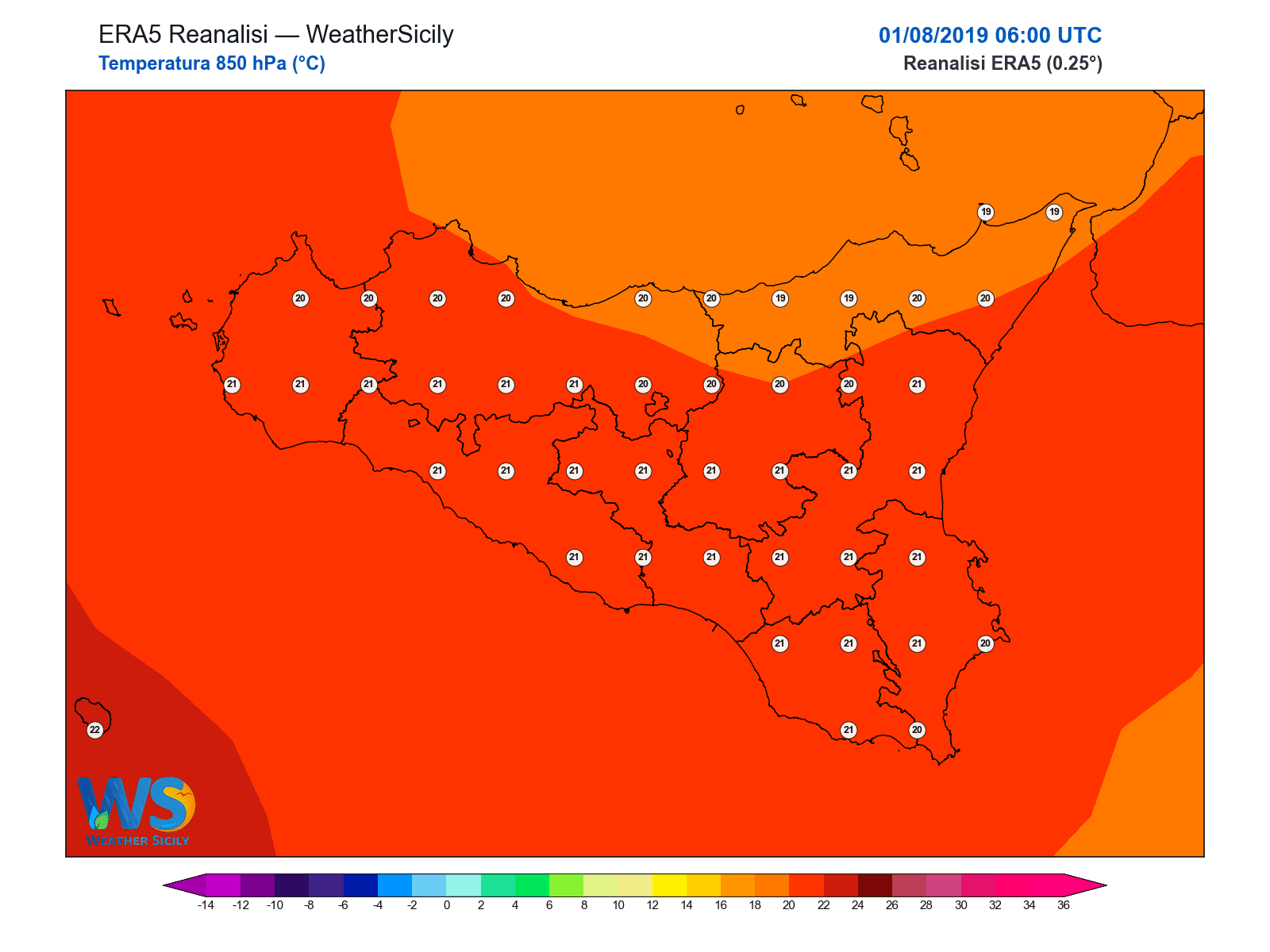 Temperatura a 850 hPa · 2019080106