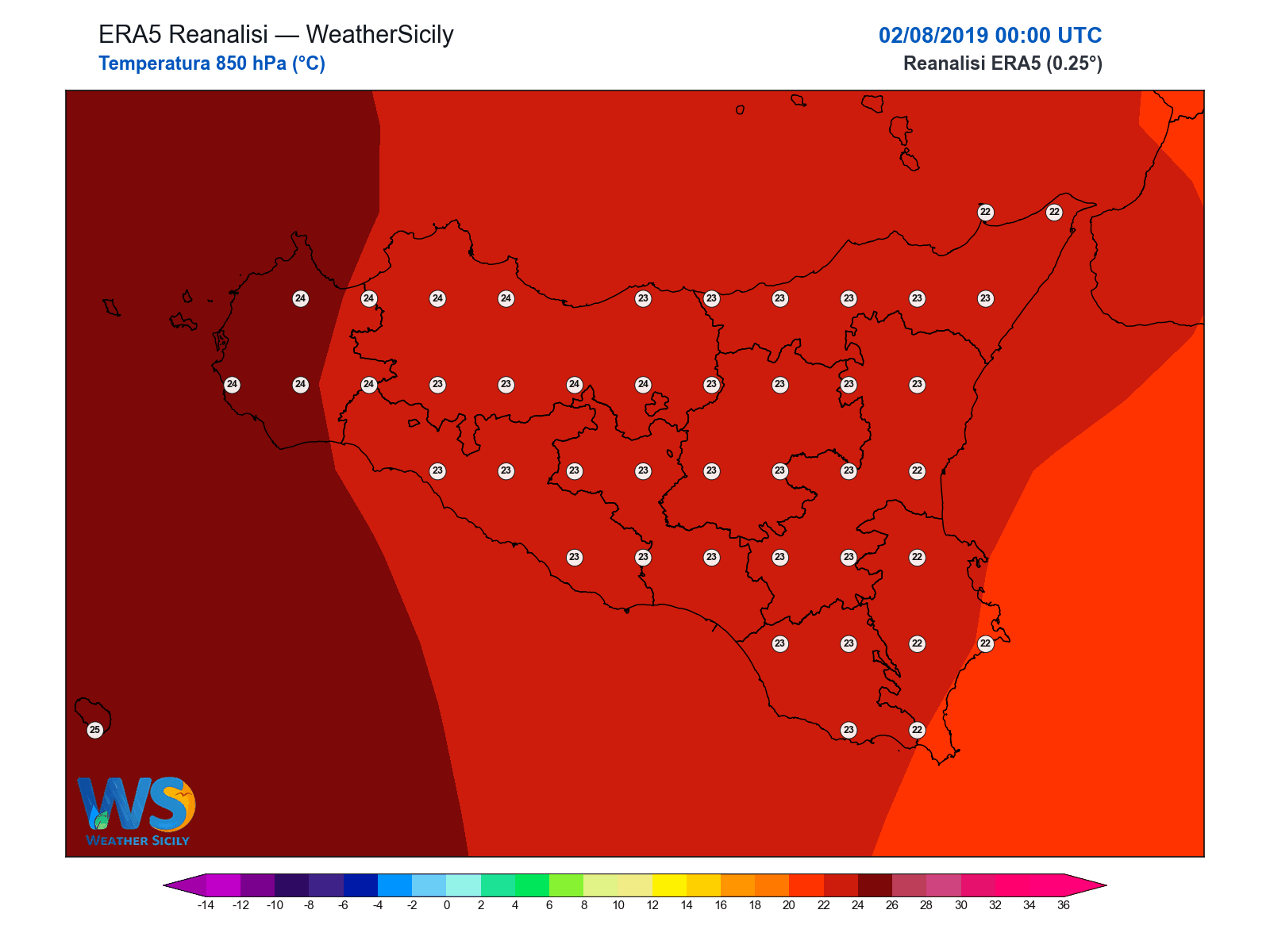 Temperatura a 850 hPa · 2019080200