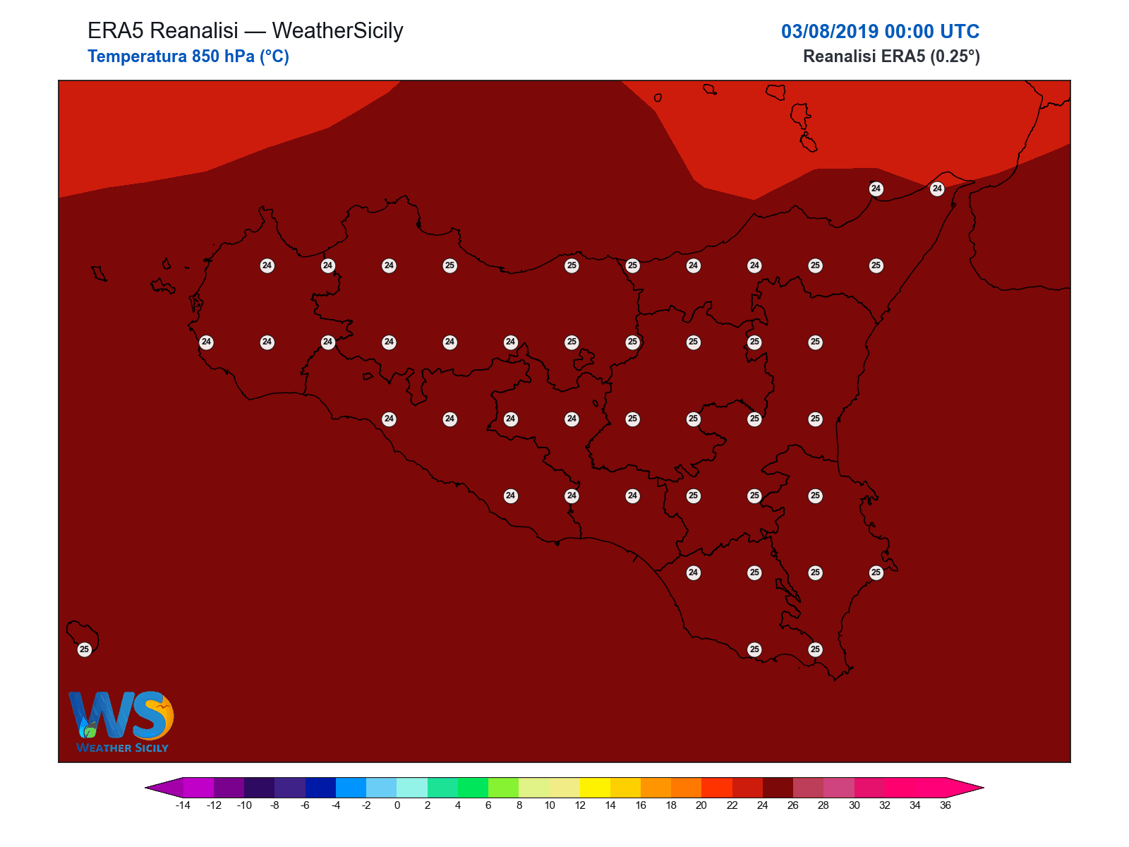 Temperatura a 850 hPa · 2019080300