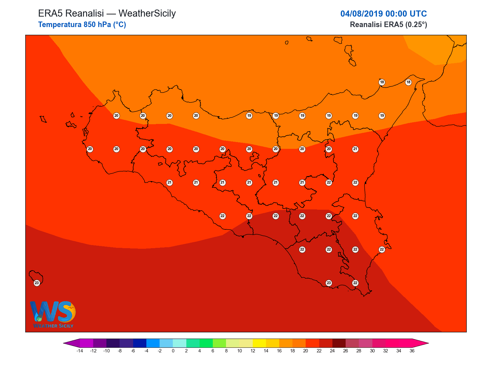 Temperatura a 850 hPa · 2019080400