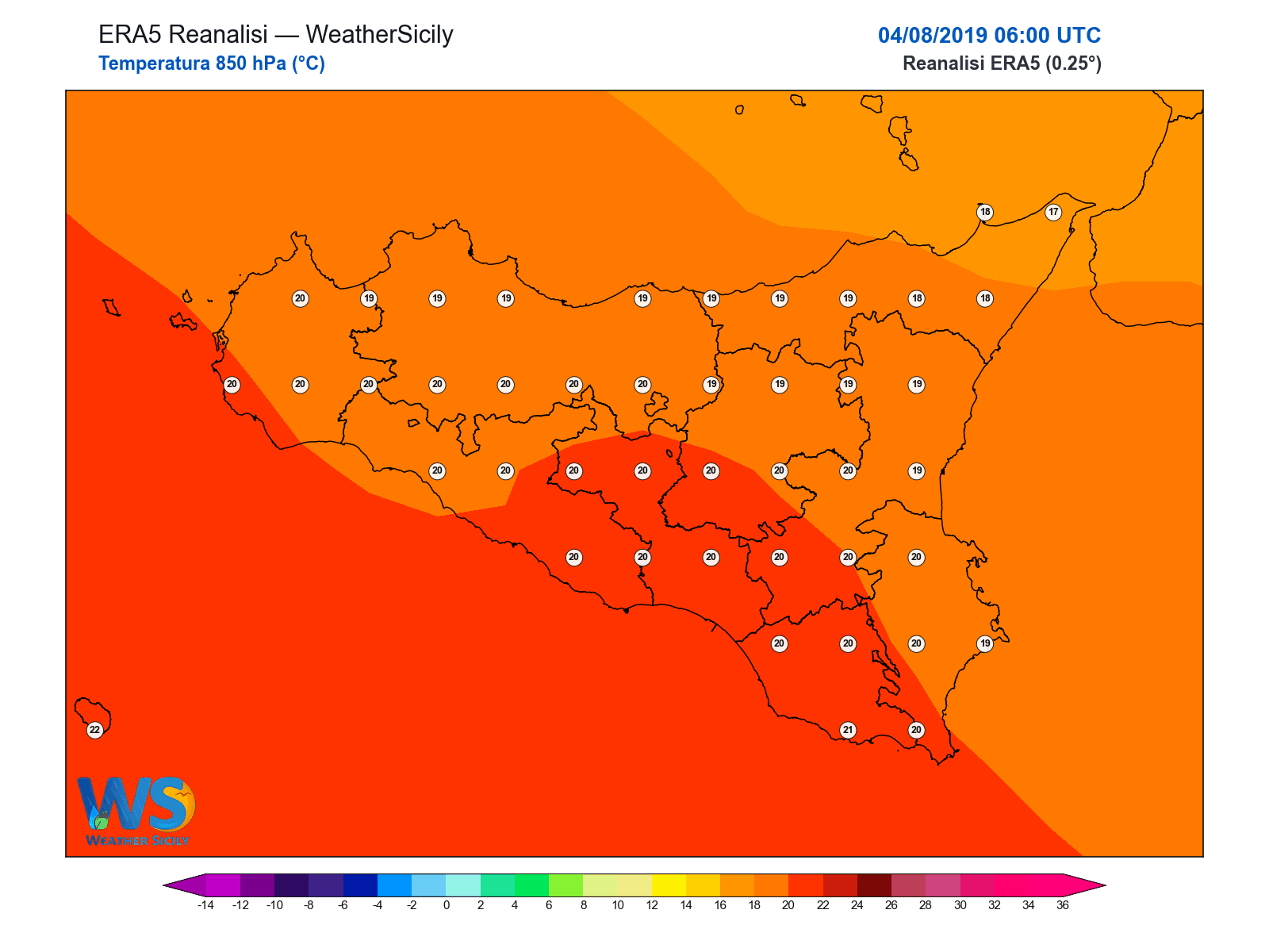 Temperatura a 850 hPa · 2019080406
