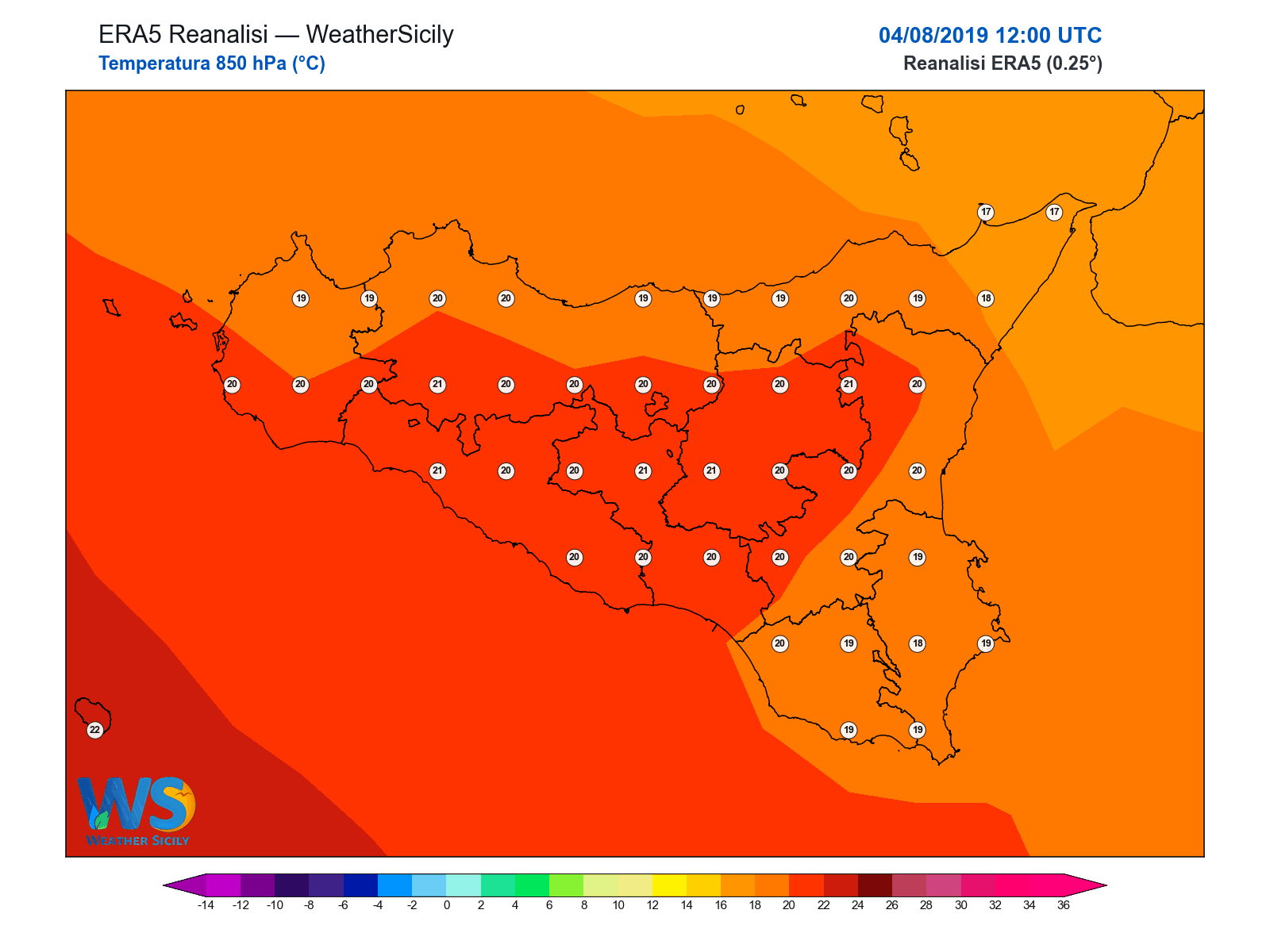 Temperatura a 850 hPa · 2019080412