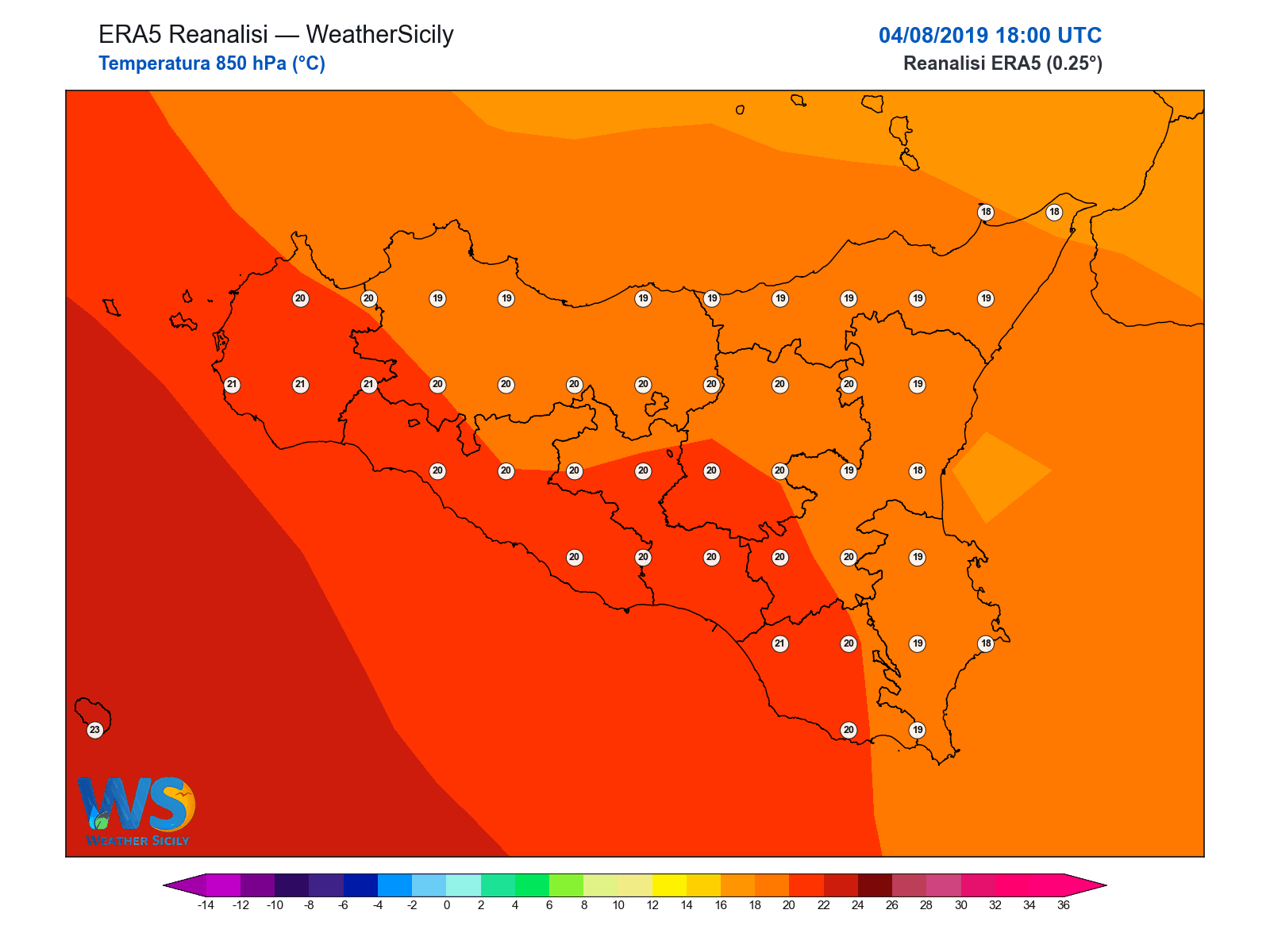 Temperatura a 850 hPa · 2019080418