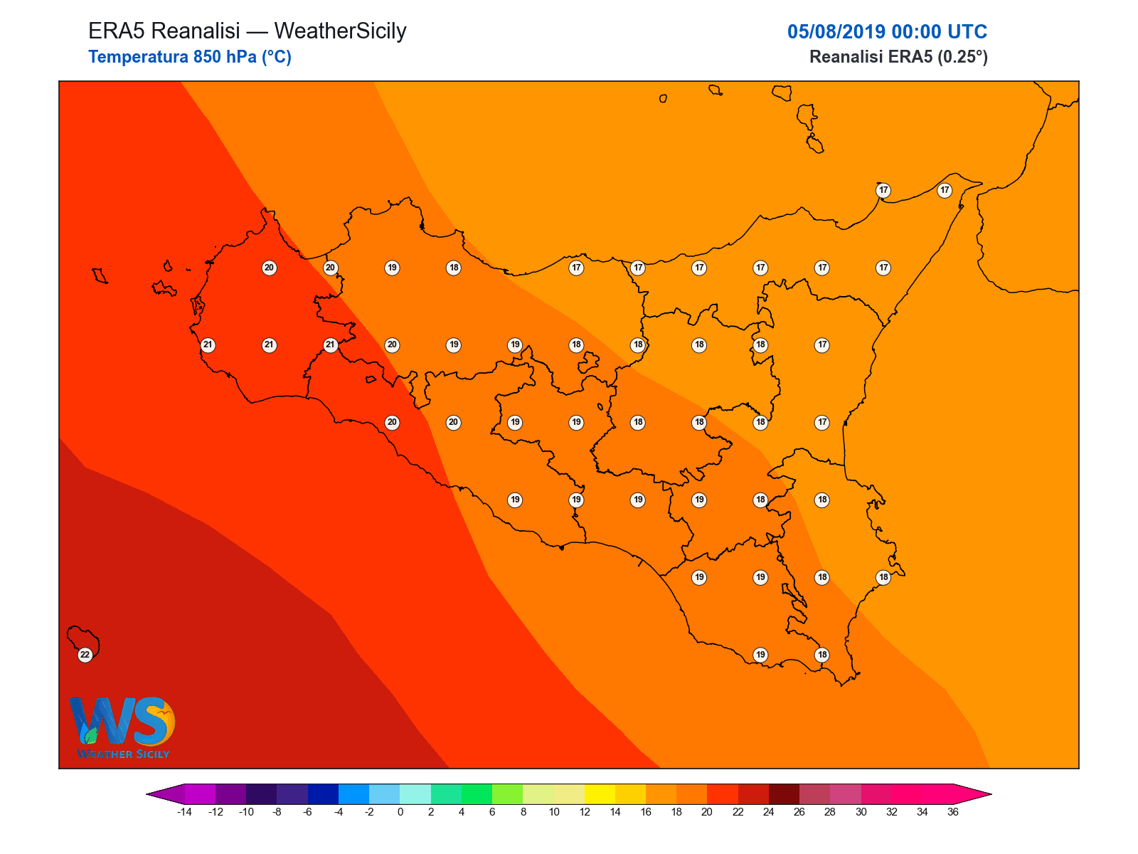 Temperatura a 850 hPa · 2019080500