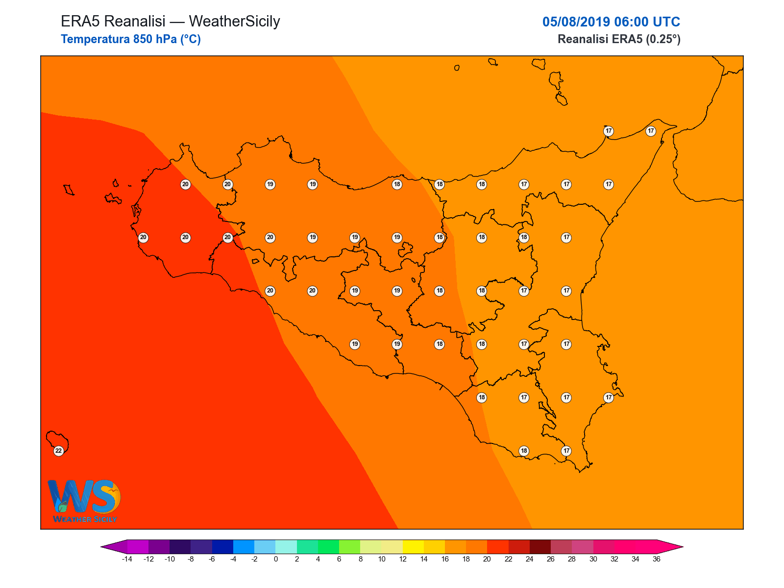 Temperatura a 850 hPa · 2019080506