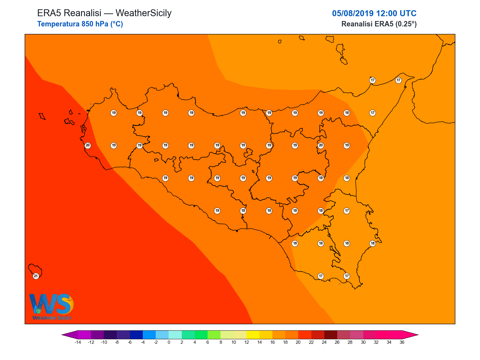 Temperatura a 850 hPa · 2019080512