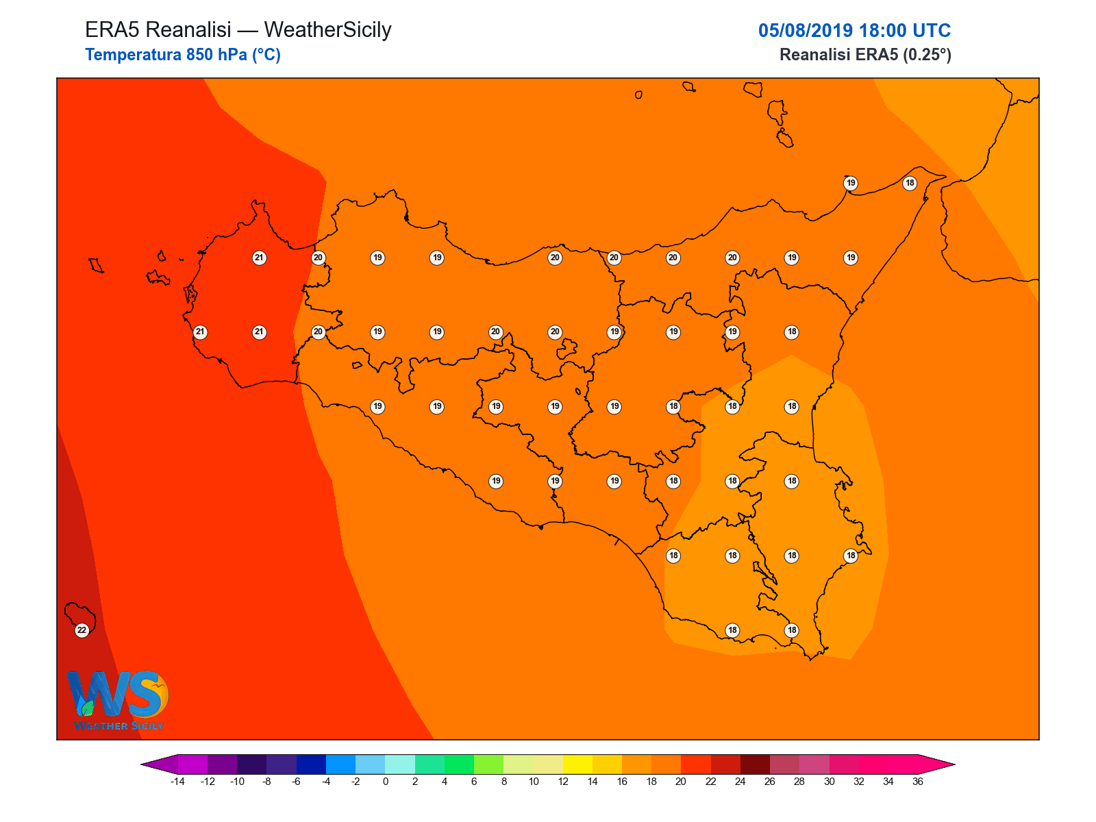Temperatura a 850 hPa · 2019080518