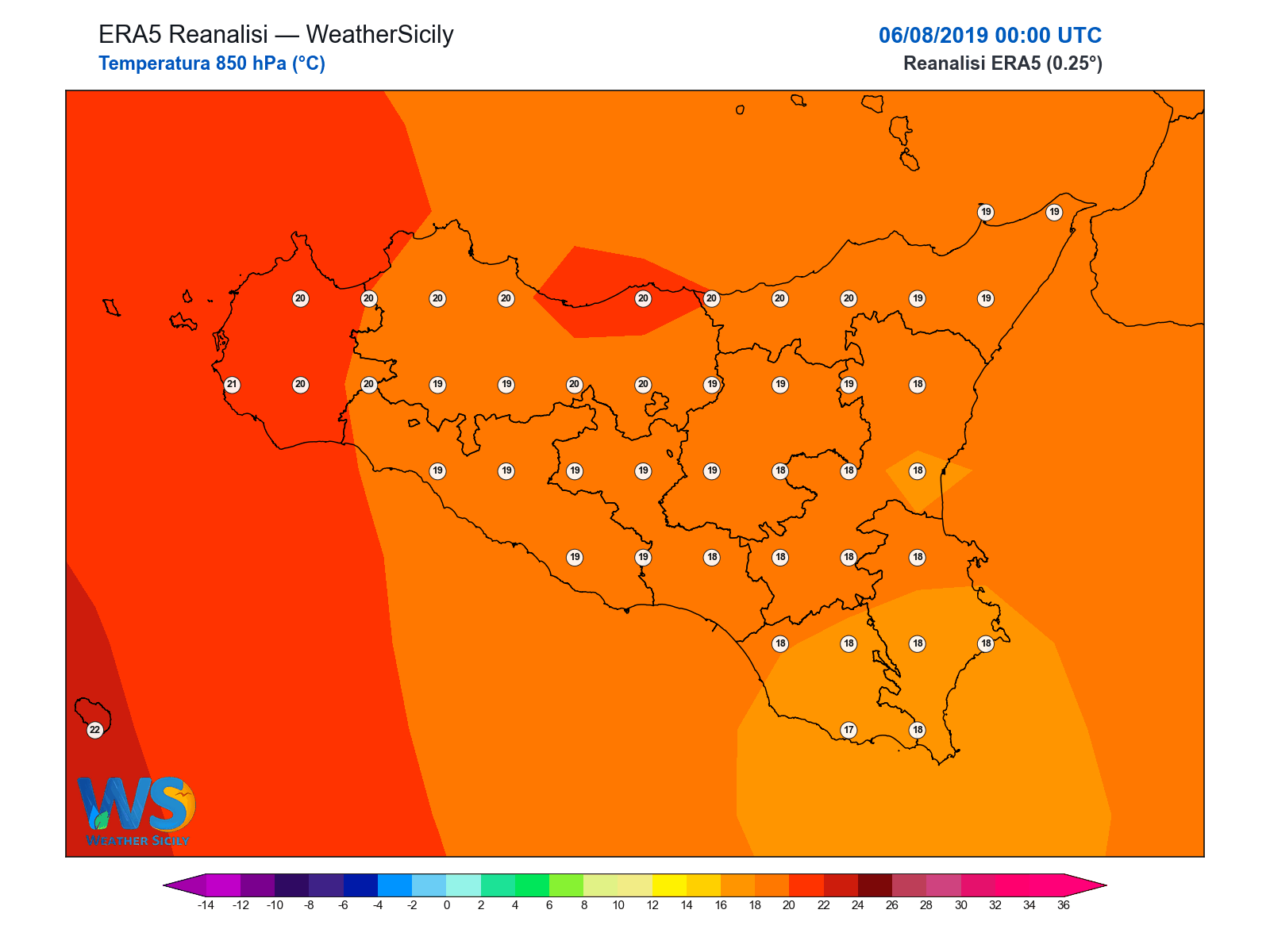 Temperatura a 850 hPa · 2019080600