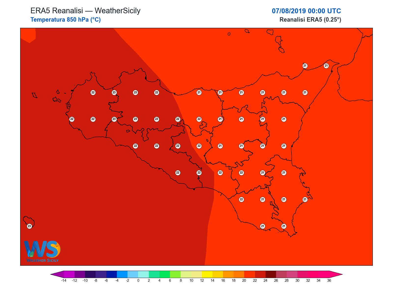Temperatura a 850 hPa · 2019080700