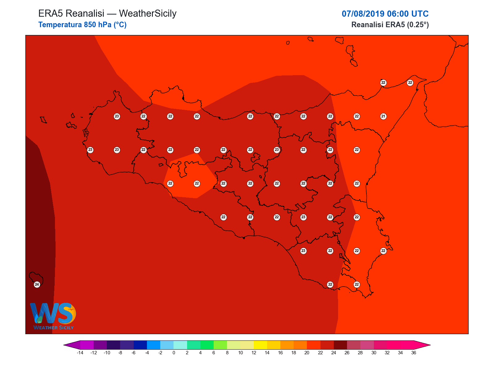 Temperatura a 850 hPa · 2019080706