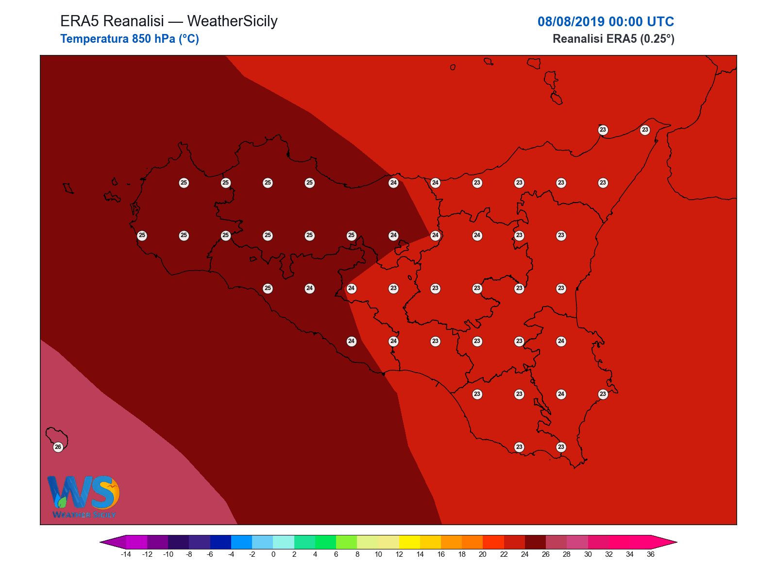 Temperatura a 850 hPa · 2019080800
