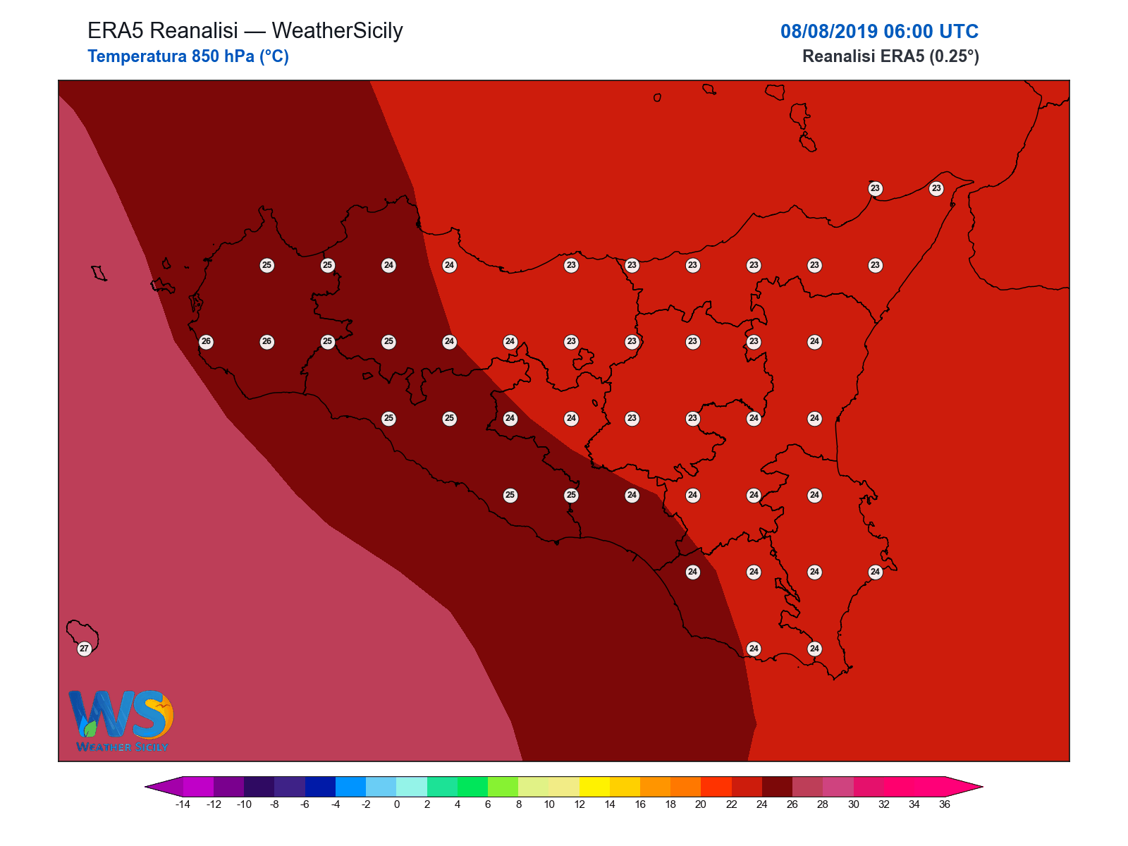 Temperatura a 850 hPa · 2019080806