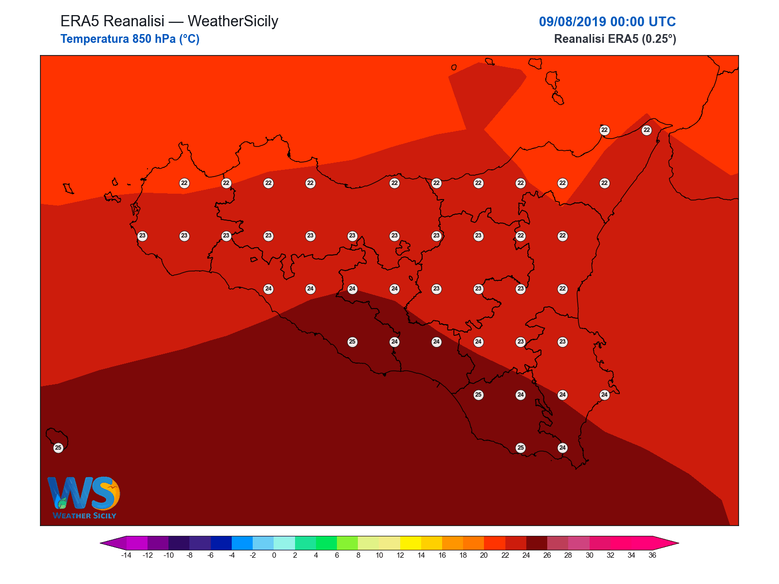 Temperatura a 850 hPa · 2019080900