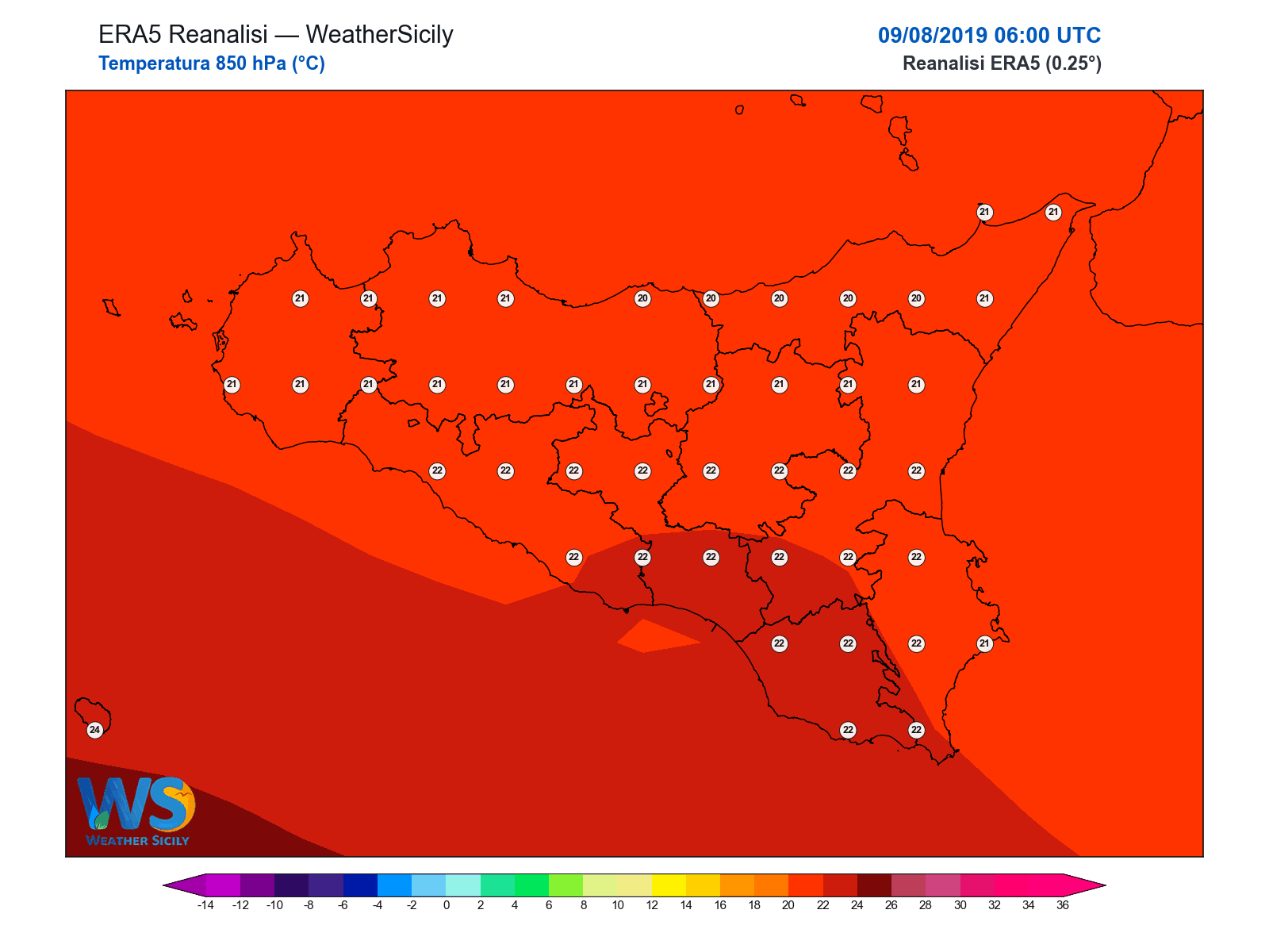 Temperatura a 850 hPa · 2019080906