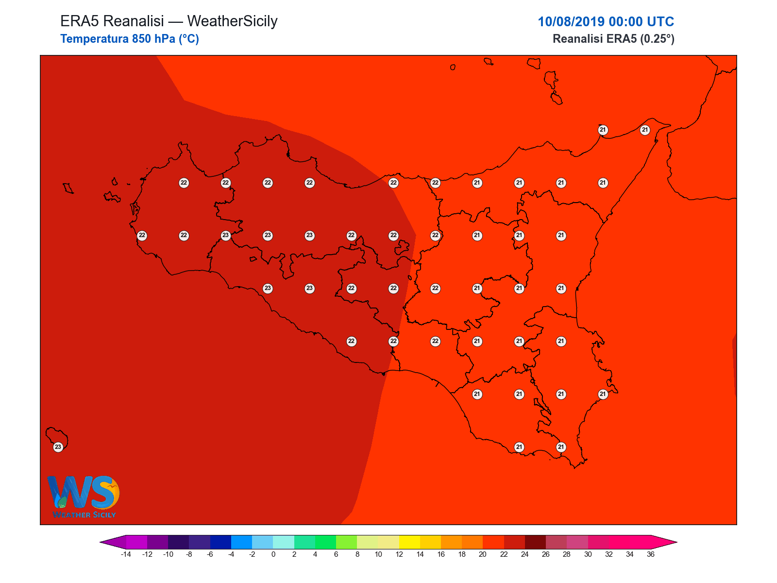 Temperatura a 850 hPa · 2019081000