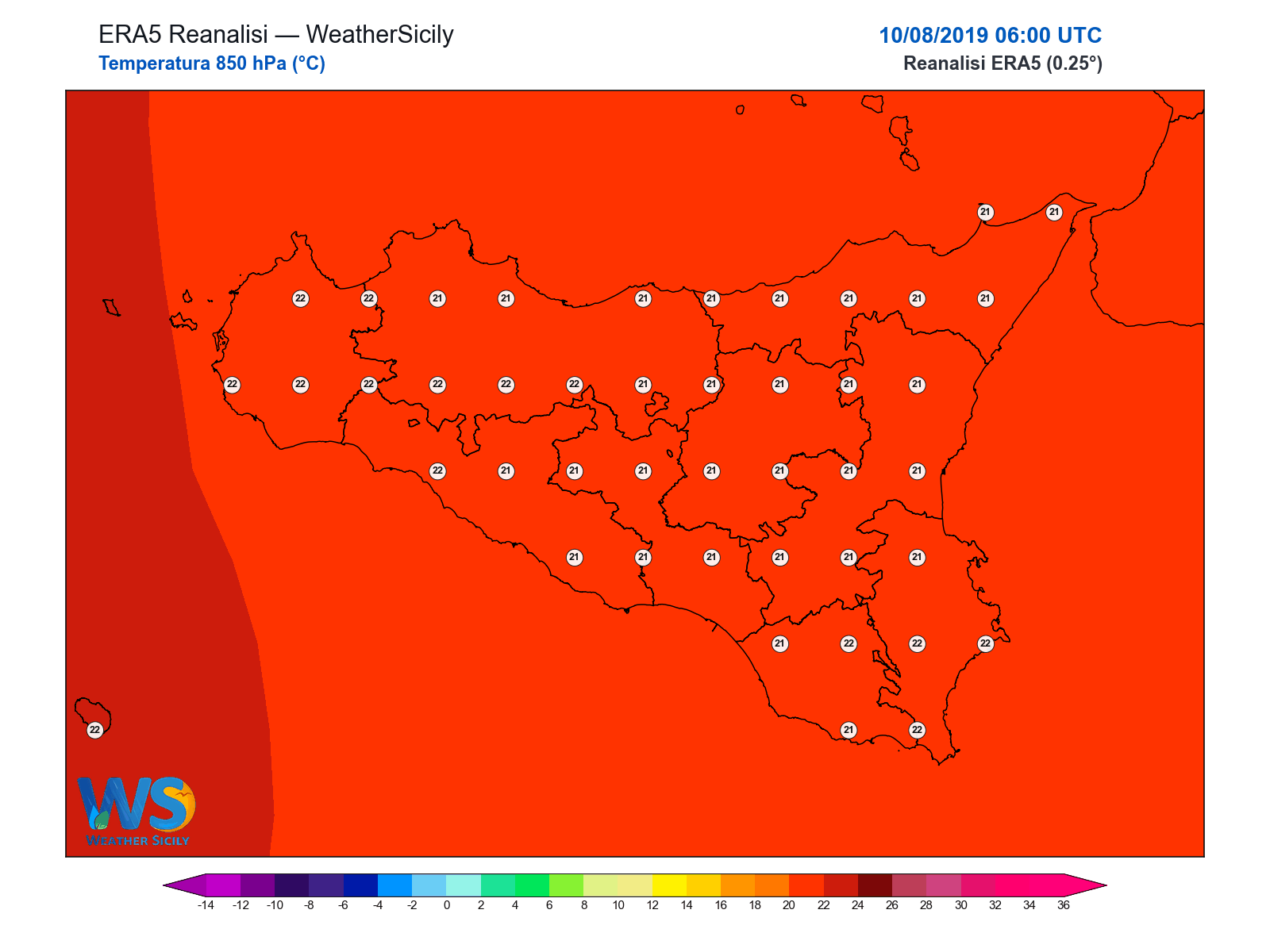 Temperatura a 850 hPa · 2019081006