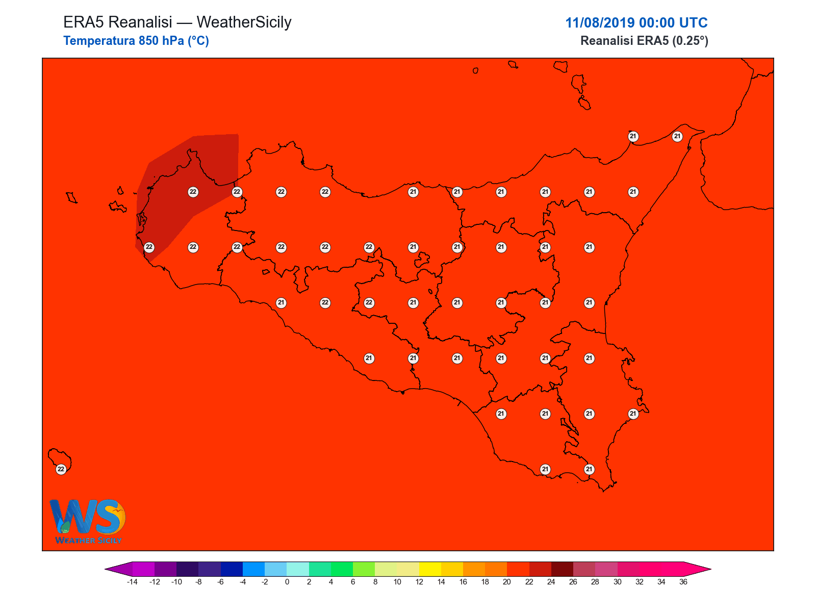 Temperatura a 850 hPa · 2019081100