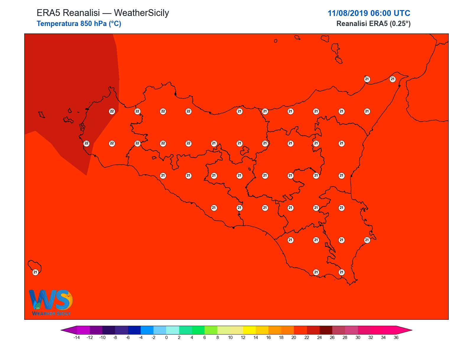 Temperatura a 850 hPa · 2019081106