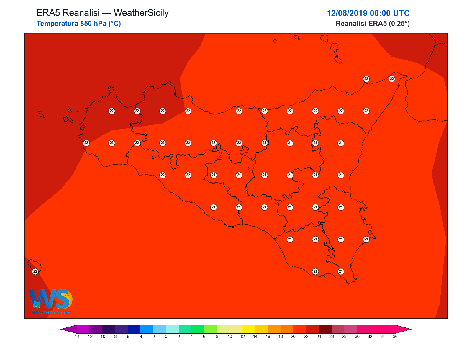 Temperatura a 850 hPa · 2019081200