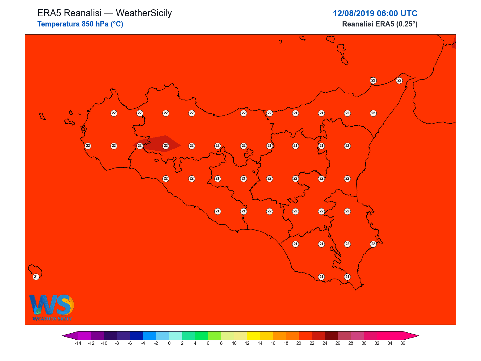 Temperatura a 850 hPa · 2019081206