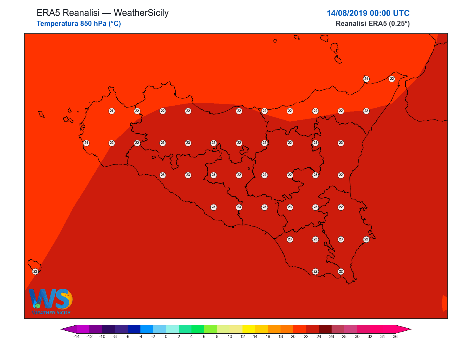Temperatura a 850 hPa · 2019081400