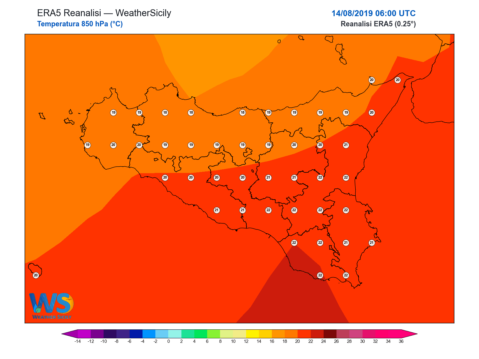 Temperatura a 850 hPa · 2019081406